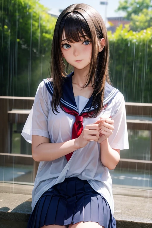 (masterpiece, best quality, high quality, highres, ultra-detailed, detailed background,),hi-school girl、long hair、shortsleeves、rainy days、Clothes are see-through in the rain、Physical education sitting、Troubled face、beautiful