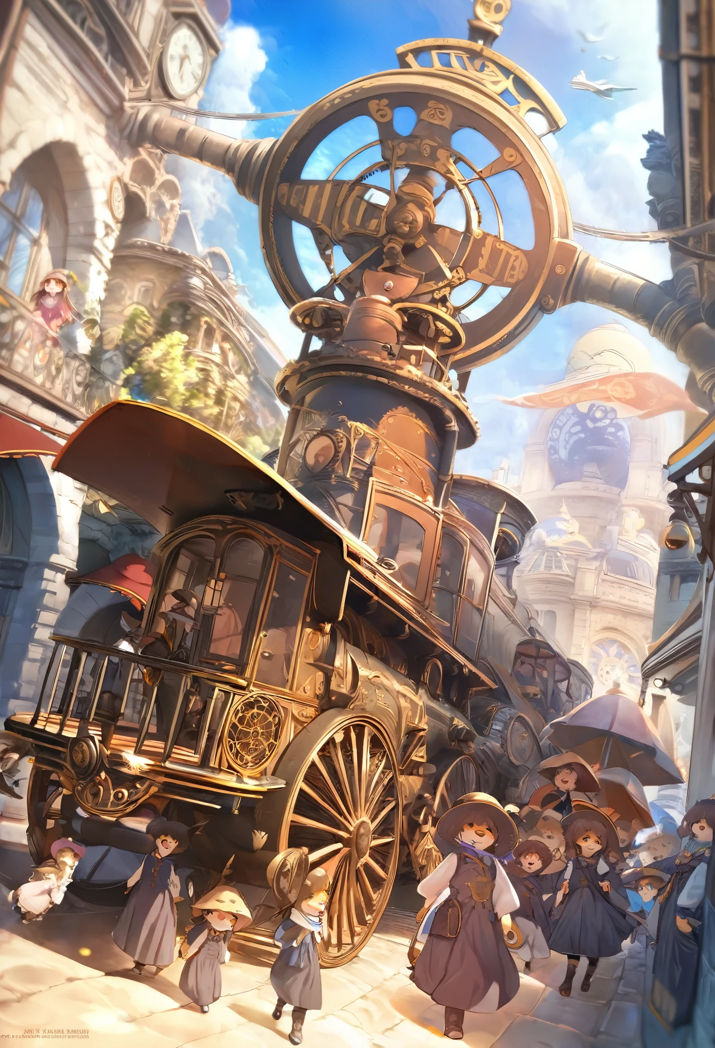cover_page, highres, top quality, best quality, paid reward available, High-quality illustrations, unparalleled masterpiece, perfect artwork, absurdres, super high resolution, detailed background, Steam punk, Beautiful World Heritage, 6+boys, 6+girls, Happy, joyful(Photos of solo travelers)(kemono, furry anthro)cinematic lighting, dynamic angle,