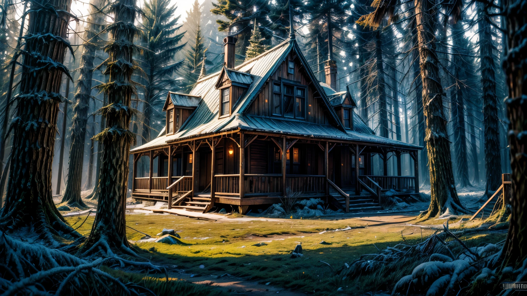 (Masterpiece, Best Quality: 1.2), (Highres: 1.1), (Highest Quality), (Master's Work), Facing Viewer, Dynamic Angle, In the heart of a dense, eerie forest, there lies an old shack. It’s been abandoned for years, yet it holds a chilling presence that sends shivers down the spine of anyone who dares to approach. As night falls, a dramatic light begins to glow from within the shack, casting long, monstrous shadows that dance on the forest floor. Suddenly, a horror unlike any other begins to unfold. The light from the shack starts to diffuse steadily into the forest, revealing secrets that were better left undiscovered