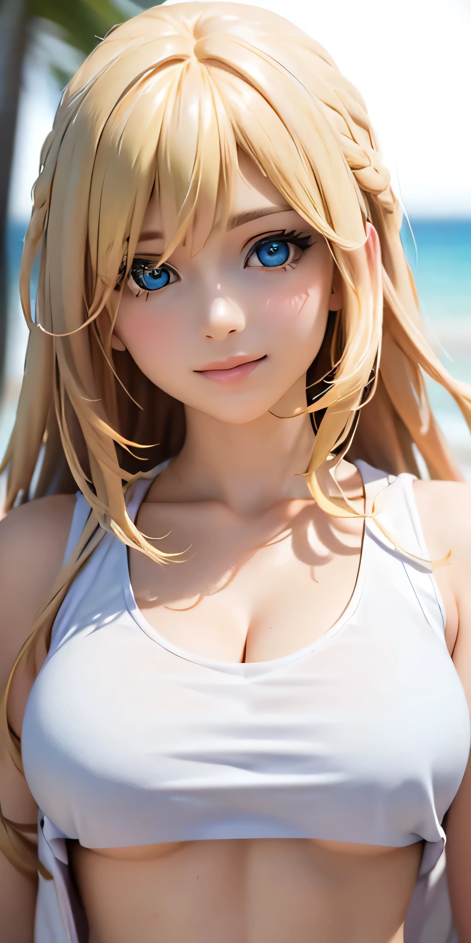 baby face, (blonde long hair:1.5,messy hair:1.5), (photorealistic:1.8), (masterpiece, side light, exquisite beautiful eyes: 1.5), masterpiece*portrait, realistic, 3D face,(cute face),Front view: 1.6、 (shining blue eyes:1.2),plump face:1.5,(we say:1.5)、(enchanting smile:1.2),rosy mouth,Because I'm slender,abs, shiny hair, shiny skin: 1.5、medium breasts,cleavage、alone,(stand)、(Pure white thin cropped tank top)、underboob, (character focus:1.5、Portrait:1.5、Upper body),beach,