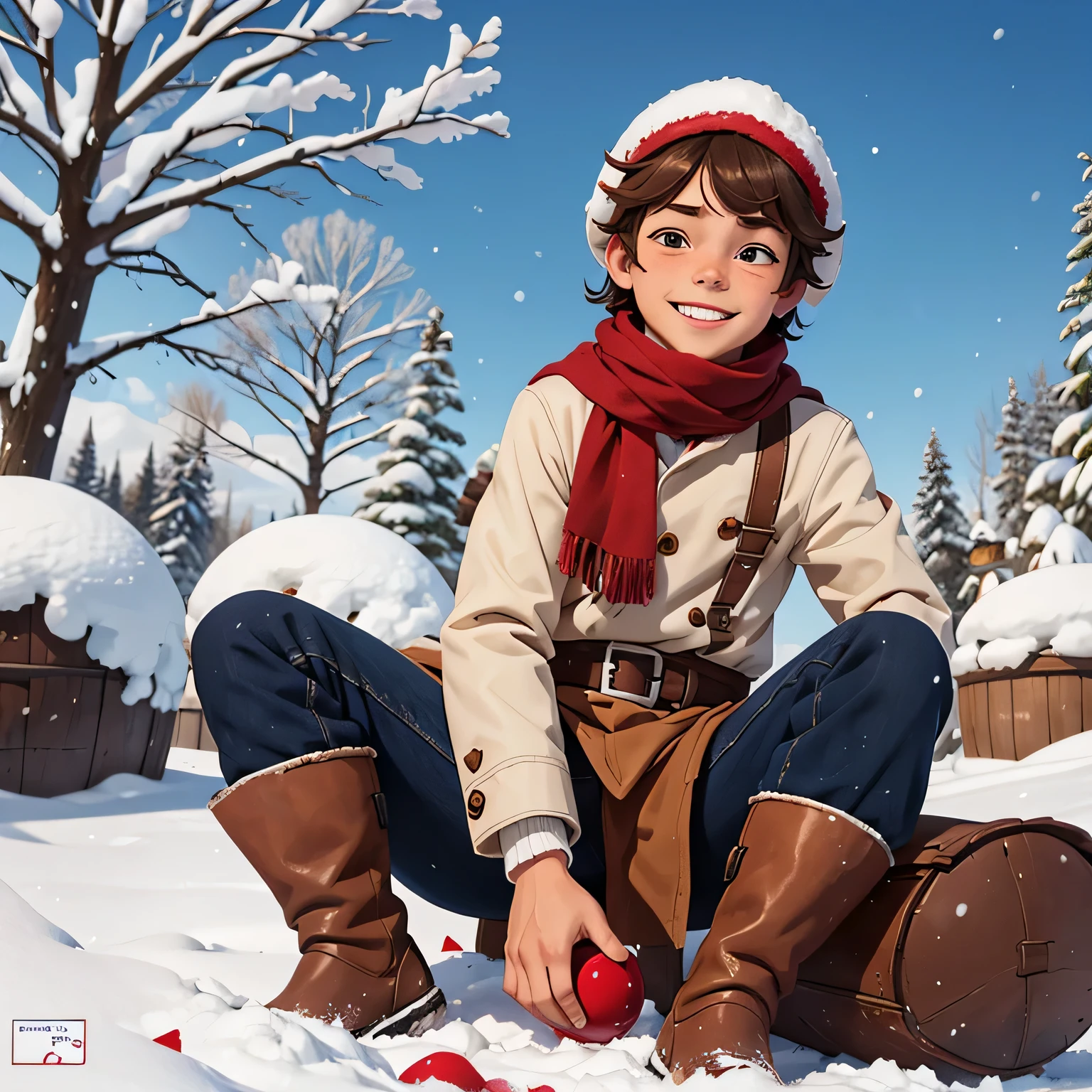The mischievous little boy with his hat and scarf: Une description détaillée
Apparence:
age: Environ 6-7 ans
Cheveux: Short browns, slightly tousled and messy hairstyle Eyes: Marron vif, pétillants de malice et de curiosité
Visage: Round and playful, with a mischievous smile that never leaves his lips Skin: Blanche et rougie par le froid hivernal
Vêtements:
Bonnet en tricot bleu marine, tucked tightly over his head to cover his ears Bright red scarf, tied around his neck and contrasting with the whiteness of his skin Navy blue coat, slightly too big for him, with pockets in which he hides his treasures Brown rubber boots, bien lacées pour éviter la neige
Mitaines grises, slightly worn, qu'il retire souvent pour mieux faire des boules de neige
Attitude:
Mischievous and mischievous, always looking for the next stupid thing to do Full of energy and loves playing outside, especially in the snow A little naughty and loves to make his friends laugh Likes to be noticed and loves being the center of attention A heart of gold despite his mischievous character, toujours prêt à aider ses amis
Actions:
Se faufile dans la neige fraiche, laissant des traces joyeuses derrière lui
Fabrique des boules de neige de toutes tailles, throwing them accurately at his friends Climbing trees and sliding on the snow, sans aucune crainte
Rit aux éclats lorsque ses bêtises réussissent, et s'excuse avec un sourire lorsqu'elles échouent
Partage son chocolat chaud avec ses amis, even if there is very little left for him