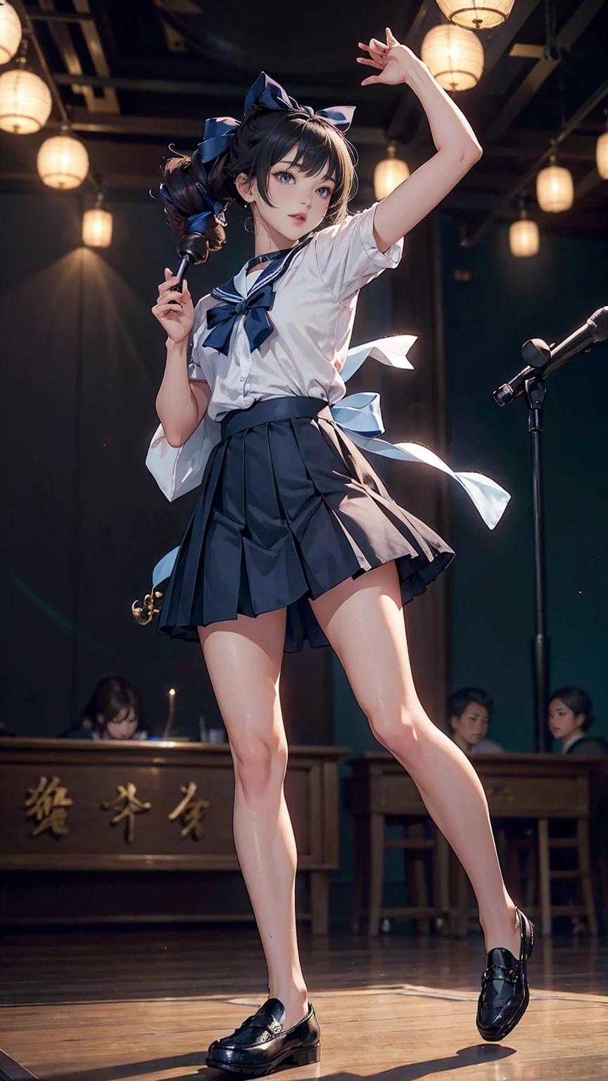 ((最high quality, 8K, masterpiece: 1.3, Ultra HD, high quality, 最high quality, High resolution, realism)) 、An extremely beautiful 18-year-old Japanese woman、hair color is black、black eye、medium hair、straight hair、smile、Slender but well-proportioned, slim and muscular body、Athlete-like body type、I don't want my head to disappear from the screen.、Sailor uniform、Wear a navy blue pleated skirt、wear loafers、Brown inner color((colored inner hair))、Hair behind ears((hair behind ear))、hair band((hair ribbon))、Vertical roll on one side((side drill))、Being in the karaoke box、Grab the microphone and sing passionately