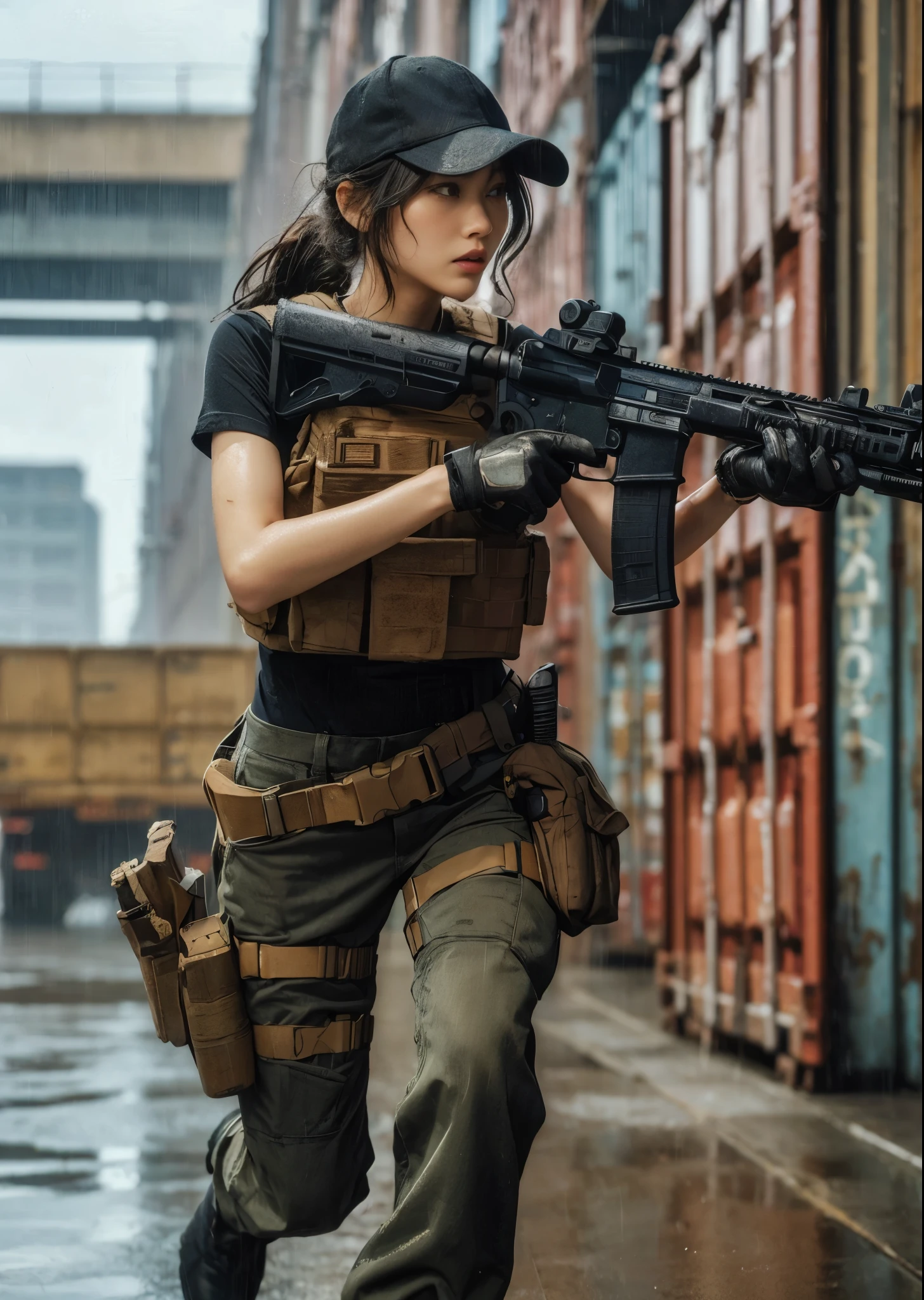 A Woman In A Black Shirt And Khaki Pants Holding A Rifle SeaArt AI