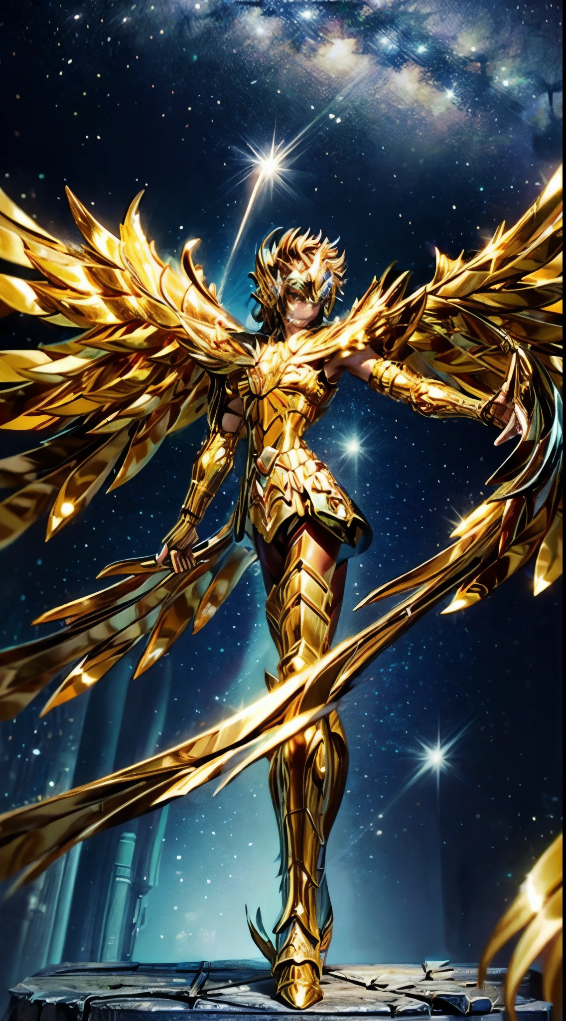 a beautiful female saint seiya, seductive body,In a bright movie light, a highly detailed depiction of Saint Seiya in their iconic Gold Armor stands out. The armor shines brilliantly with a realistic and hyper-realistic level of detail, accentuating every piece and intricacy. The Saint Seiya character stands tall, emanating a sense of power and determination, with their eyes gleaming and their lips delicately carved. The entire scene is set against a clean background, allowing the viewer's attention to be solely focused on the protagonist and their gold armor. The universe serves as the backdrop, with nebulae and stars filling the sky, creating a sense of awe and grandeur. The colors in the scene are bright and vivid, contributing to the overall visual impact. The lighting is expertly executed, highlighting the protagonist and capturing the essence of the original Saint Seiya series. The image is of the highest quality, with a resolution of 8k, ensuring every minute detail is visible. This artwork is trending and showcases the talent of the artist in creating a highly detailed and visually captivating representation of Saint Seiya in their Gold Armor.