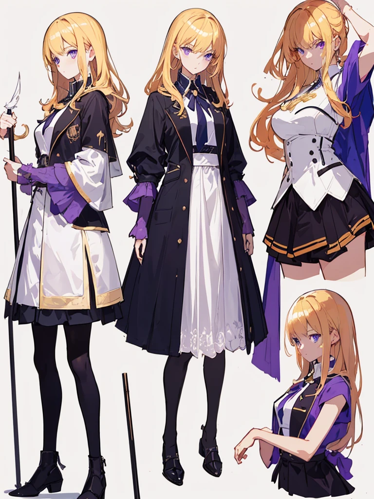(masterpiece:1.2, highest quality),(Colored Background) (Beautiful detailed eyes: 1.2), (Highly detailed CG Unity 8K wallpaper, masterpiece, highest quality, Super detailed, best shadow), (detailed background), white jacket,arms(mace,have a cane),solo ,golden hair,purple eyes,1girl, sketch (character design sheet, same character, full body, Three-View, front, ~ side, return), solo