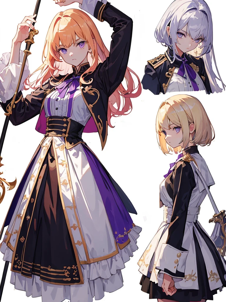 (masterpiece:1.2, highest quality),(Colored Background) (Beautiful detailed eyes: 1.2), (Highly detailed CG Unity 8K wallpaper, masterpiece, highest quality, Super detailed, best shadow), (detailed background), white jacket,arms(mace,have a cane),solo ,golden hair,purple eyes,1girl, sketch (character design sheet, same character, full body, Three-View, front, ~ side, return), solo