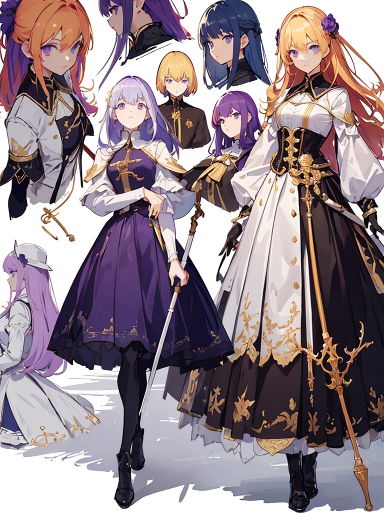 (masterpiece:1.2, highest quality),(Colored Background) (Beautiful detailed eyes: 1.2), (Highly detailed CG Unity 8K wallpaper, masterpiece, highest quality, Super detailed, best shadow), (detailed background), white jacket,arms(mace,have a cane),solo ,golden hair,purple eyes,1girl, sketch (character design sheet, same character, full body, Three-View, front, ~ side, return), solo