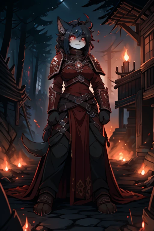Female Furry cat+red eyes black hair with red-scarlet tips of hair tall, a little plump+ in black knight's armor face covered in blood face gloomy and serious+in the forest, one fire, dead demons lie on the ground+smoke from the fire+anime, 
huge muscled furry, в силовой броне sister of battle, warhammer 40k, aesthetics of the female body, Full-length front view, ghost, ghost girl, curly hair, ahoge, patches on face, patches, star eyes, star irises, big eyebrows, circle eyebrows, pants and shirt, black turtleneck, blue skin, fearful girl, afraid, full body, rpg design, character design
