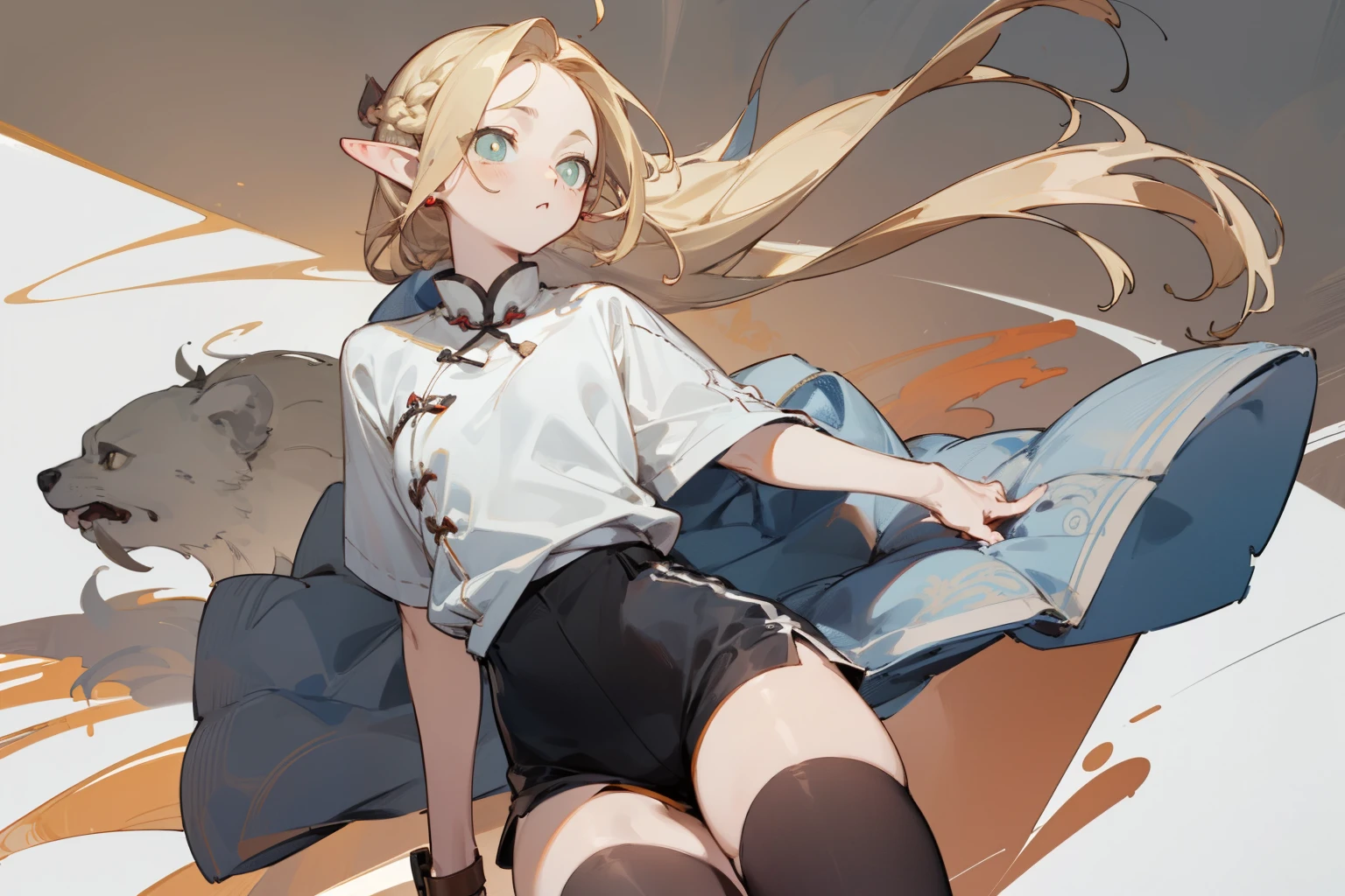 (masterpiece, best quality) detailed, Wearing white tights, silver accessories , The zipper is not closed , Blonde ,elegant, Pointed ears ,whole body,Chinese element pattern,thigh,漏出thigh,White shirt