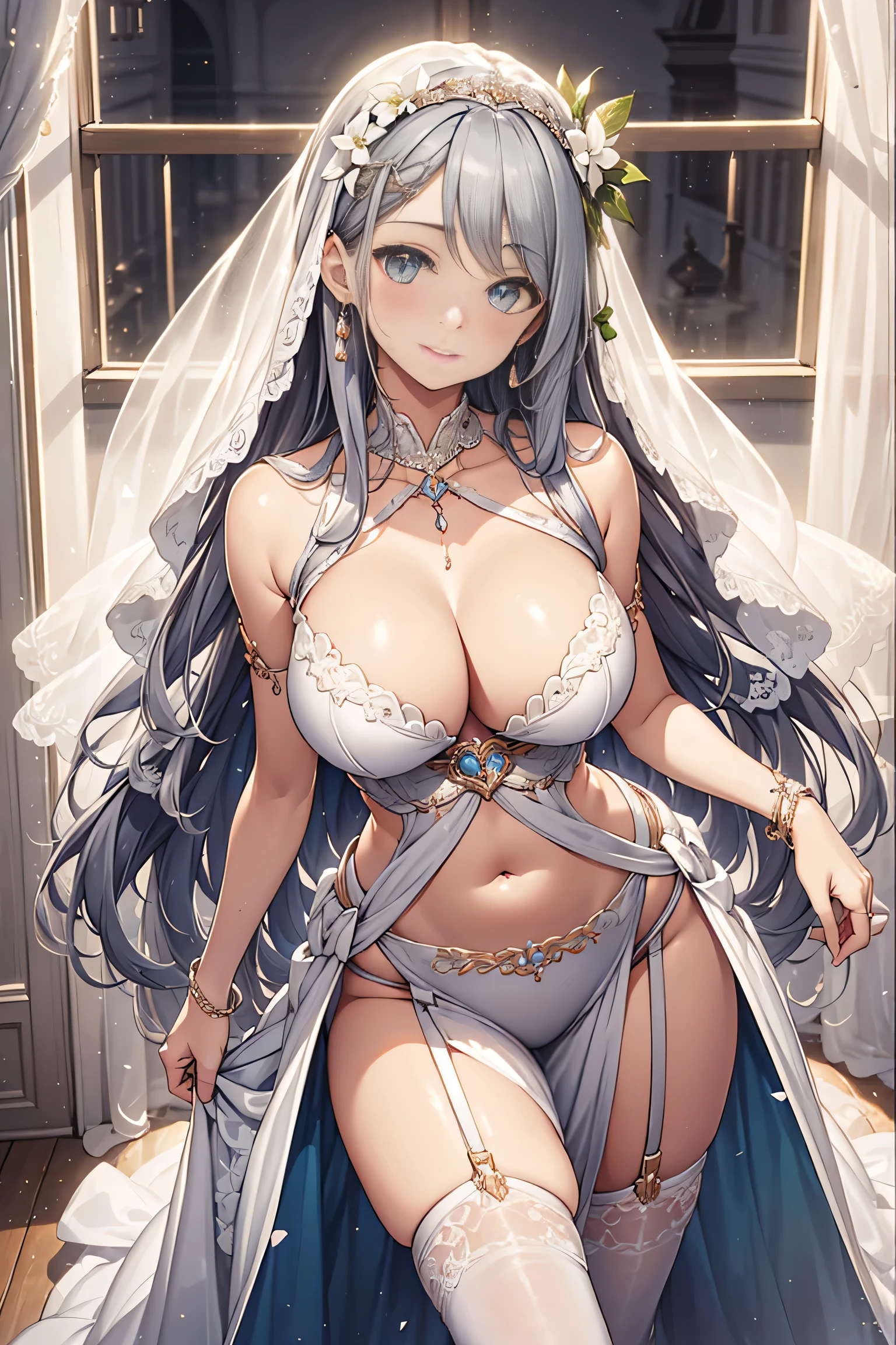 (best quality,4k,8k,High resolution,Masterpiece:1.2),very detailed,beautiful girl,Enchanted,charming,Cheerfulness,sacred,Miracle effect,silver white hair,(((wedding dress))),love eyes,bridal dress,Complicated dress,Reveal the breasts.,((big breasts,The crevice is clear.)),lace details,bedroom,solitude,during the night,Lace stockings,sacred strip,See-through transparent clothes,Lift the skirt,White lace underwear