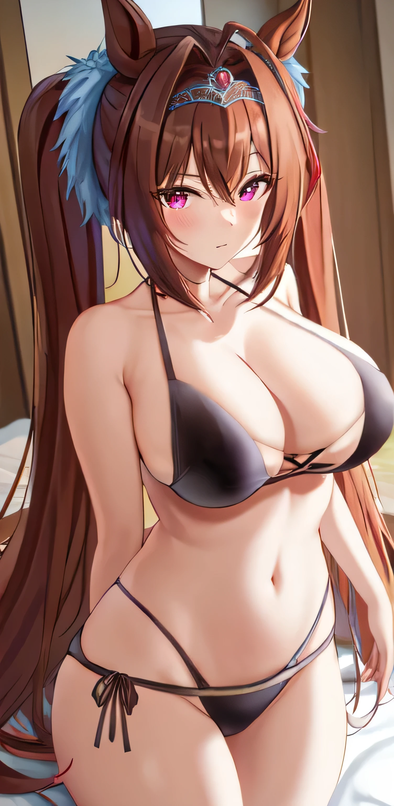 ((masterpiece, highest quality)), 1 girl,daiwa scarlet,daiwa scarlet(private server),horse ears,Uma Musume,brown hair,length_hair, twin tails,red_eye,Slit pupil,tiara, very_length_hair,hair_Intake,micro bikini, date,hotel room