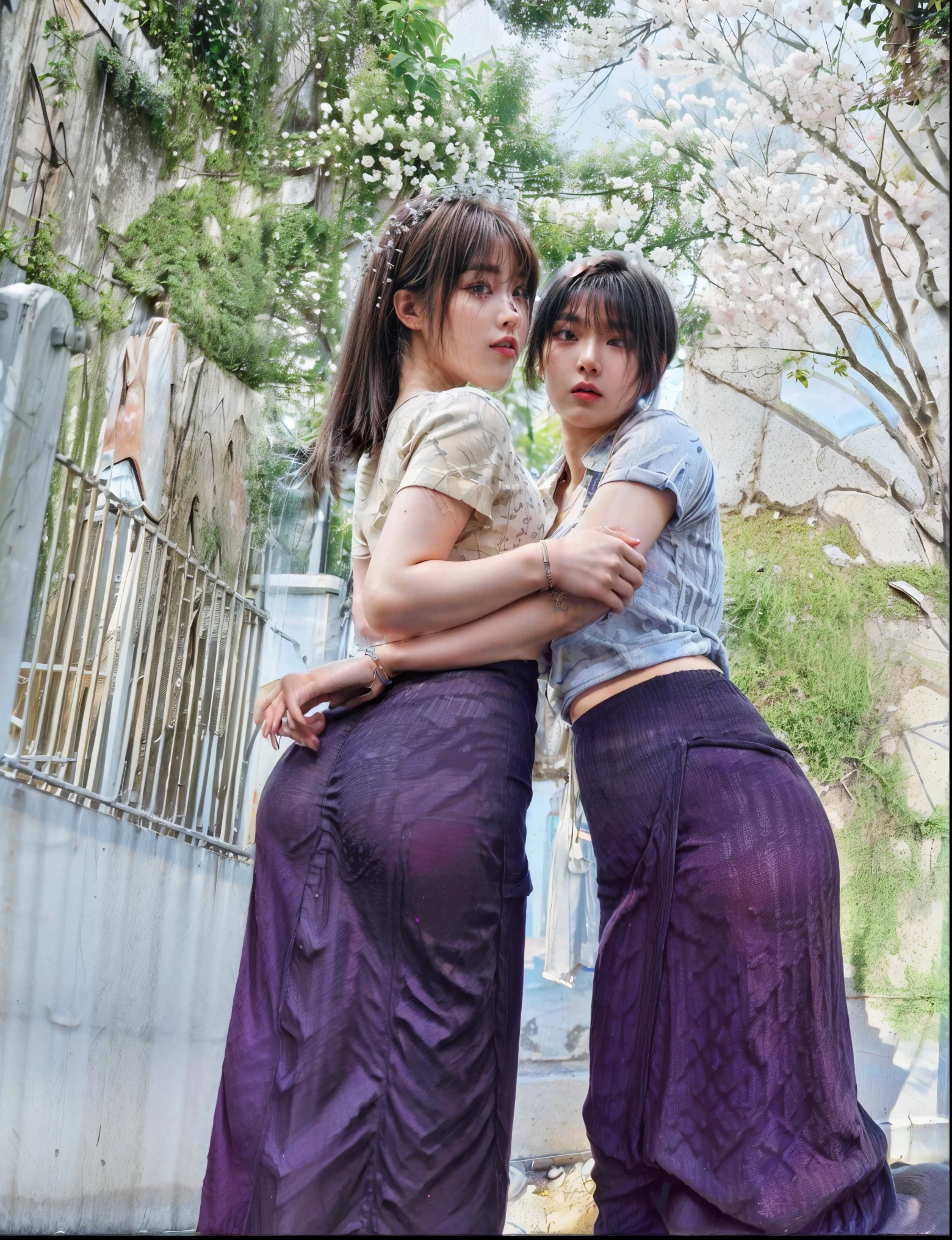 1 beautiful woman taking pictures on the grass of the villa,RAW photos,tmasterpiece,(highdetailskin:1.2),8k ultra high definition,digital SLR camera,gentlesoftlighting,high high quality,filmgrain,Fuji XT3,20 years old Asian woman,Wear simple clothes,(pink long tight skirt:1.2 and long skinny jeans:0.7,Detailed clothing details:1.3),perfect body figure,Perfect breasts and nipple bulge,The legs are straight and slender,Branded stylish shoes:0.6,Super detailed facial details and skin,Fair pink face and skin,The skin is pink,with light glowing,double eyelid,Super detailed eyes,(Gloss on lips, eyeslashes, Glossy face, Best quality, Super high resolution, warm color,Wide lighting, naturalshadow),taken from behind, Show off your beautiful body, Full body shooting: 1.8,
emphasize round ass, accentuate round ass,
produding ass,acmm wear,acmm,
printed pink long tight skirt,back view, standing,