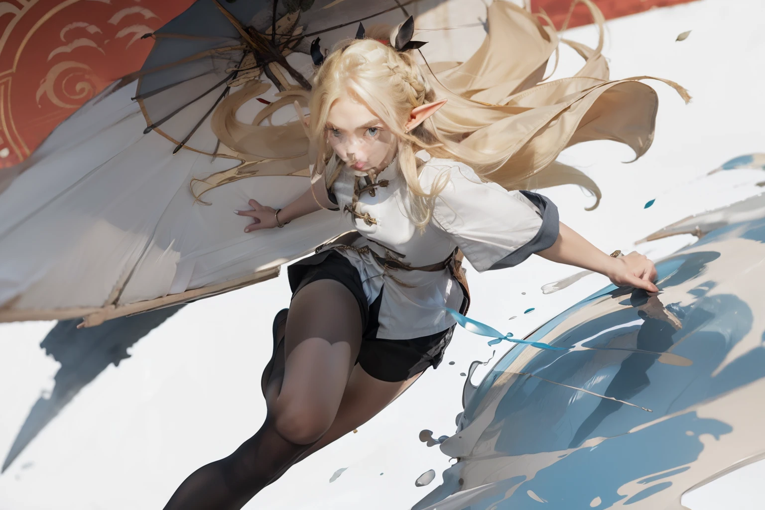 (masterpiece, best quality) detailed, Wearing black tights, silver accessories , Blonde ,elegant, Pointed ears ,Chinese element pattern,thigh,漏出thigh,White shirt,shorts