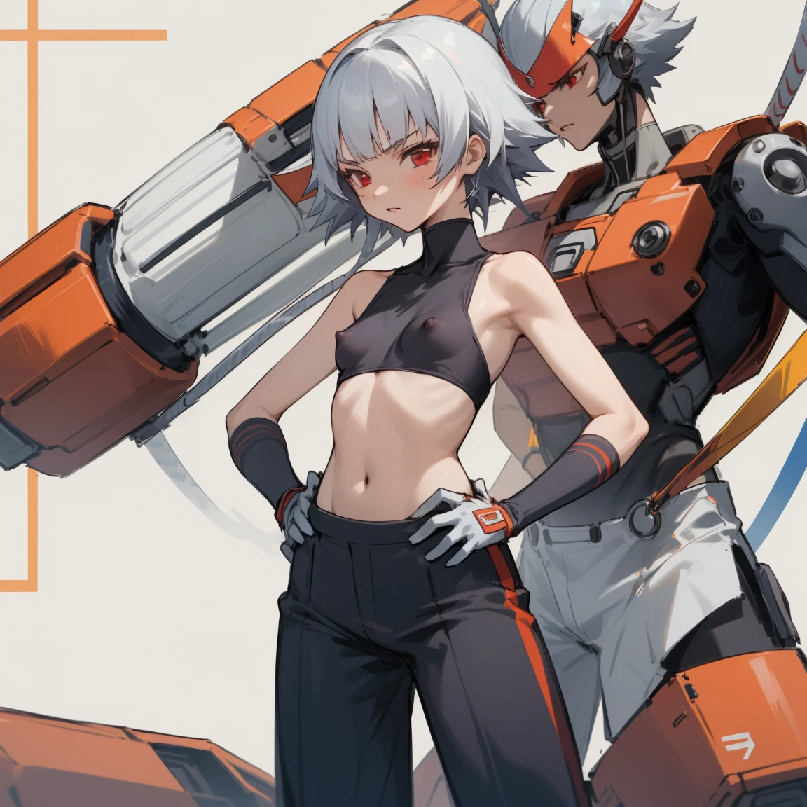 ((highest quality)), ((masterpiece)), (become familiar with),  1 girl, alone, silver hair,brown skin,red eyes,long pants,red sleeveless,Clothes with a visible back, thin,thin,short hair,small breasts, erect nipples, gloves, put your hands on your hips,cyber punk,SF