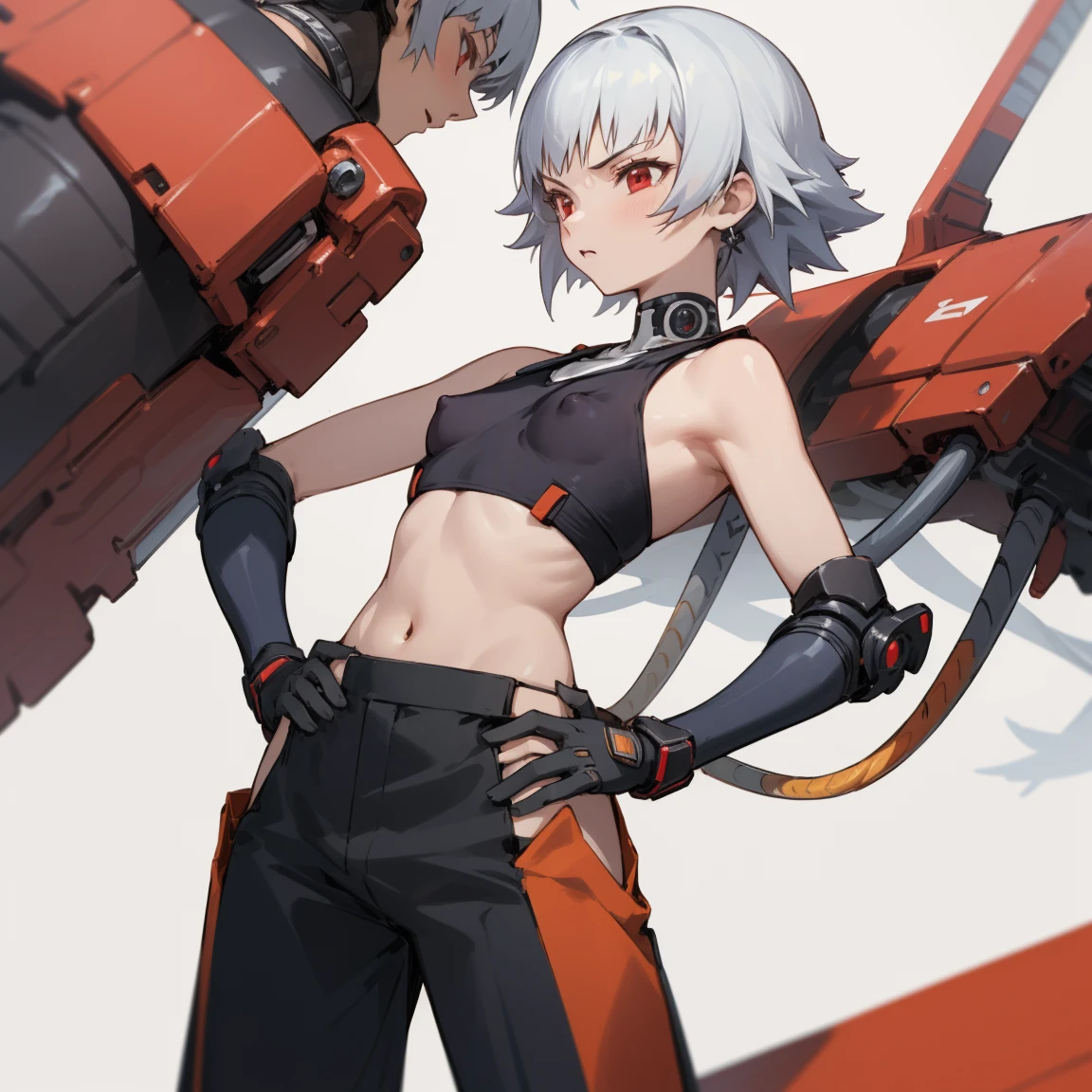 ((highest quality)), ((masterpiece)), (become familiar with),  1 girl, alone, silver hair,brown skin,red eyes,long pants,red sleeveless,Clothes with a visible back, thin,thin,short hair,small breasts, erect nipples, gloves, put your hands on your hips,cyber punk,SF