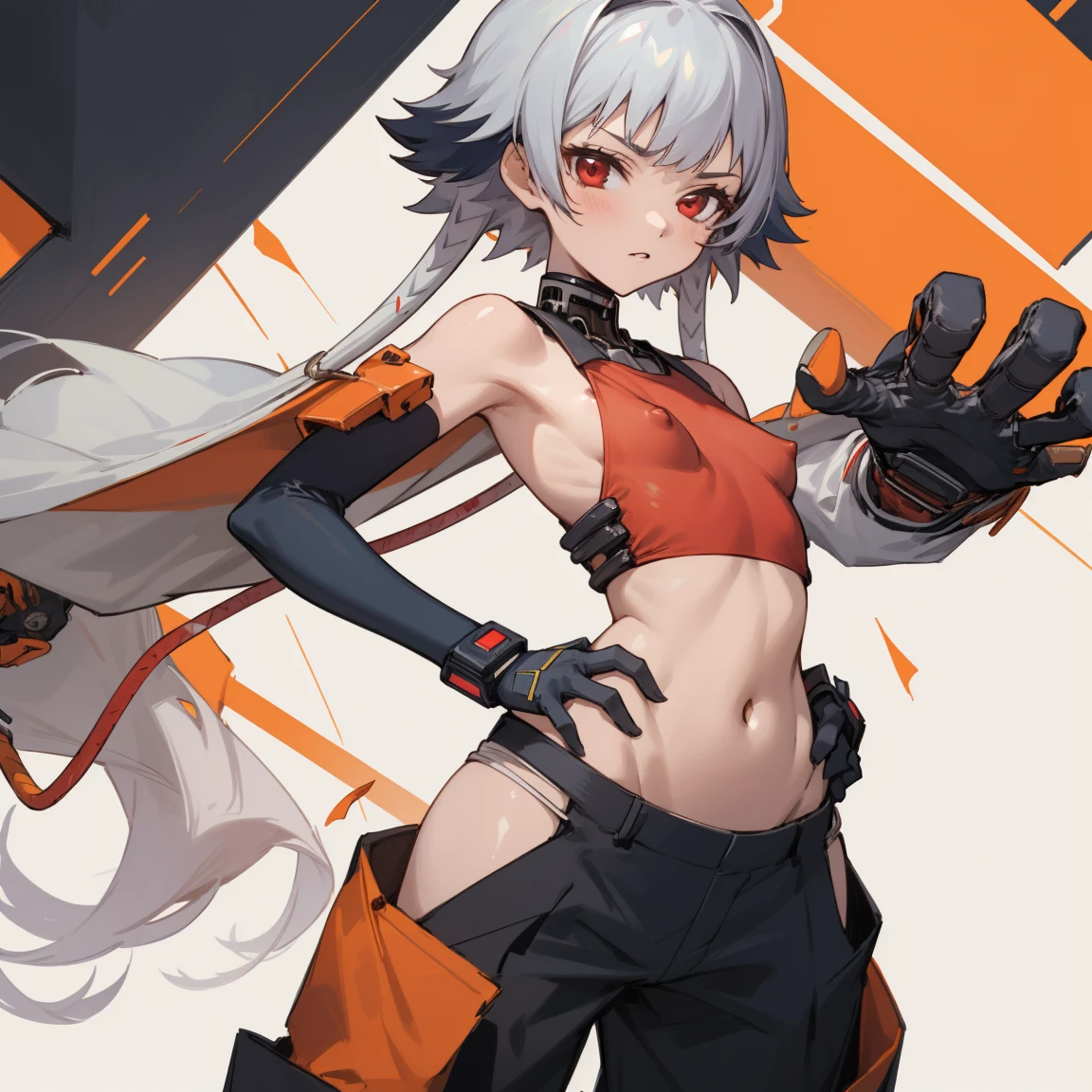 ((highest quality)), ((masterpiece)), (become familiar with),  1 girl, alone, silver hair,brown skin,red eyes,long pants,red sleeveless,Clothes with a visible back, thin,thin,short hair,small breasts, erect nipples, gloves, put your hands on your hips,cyber punk,SF