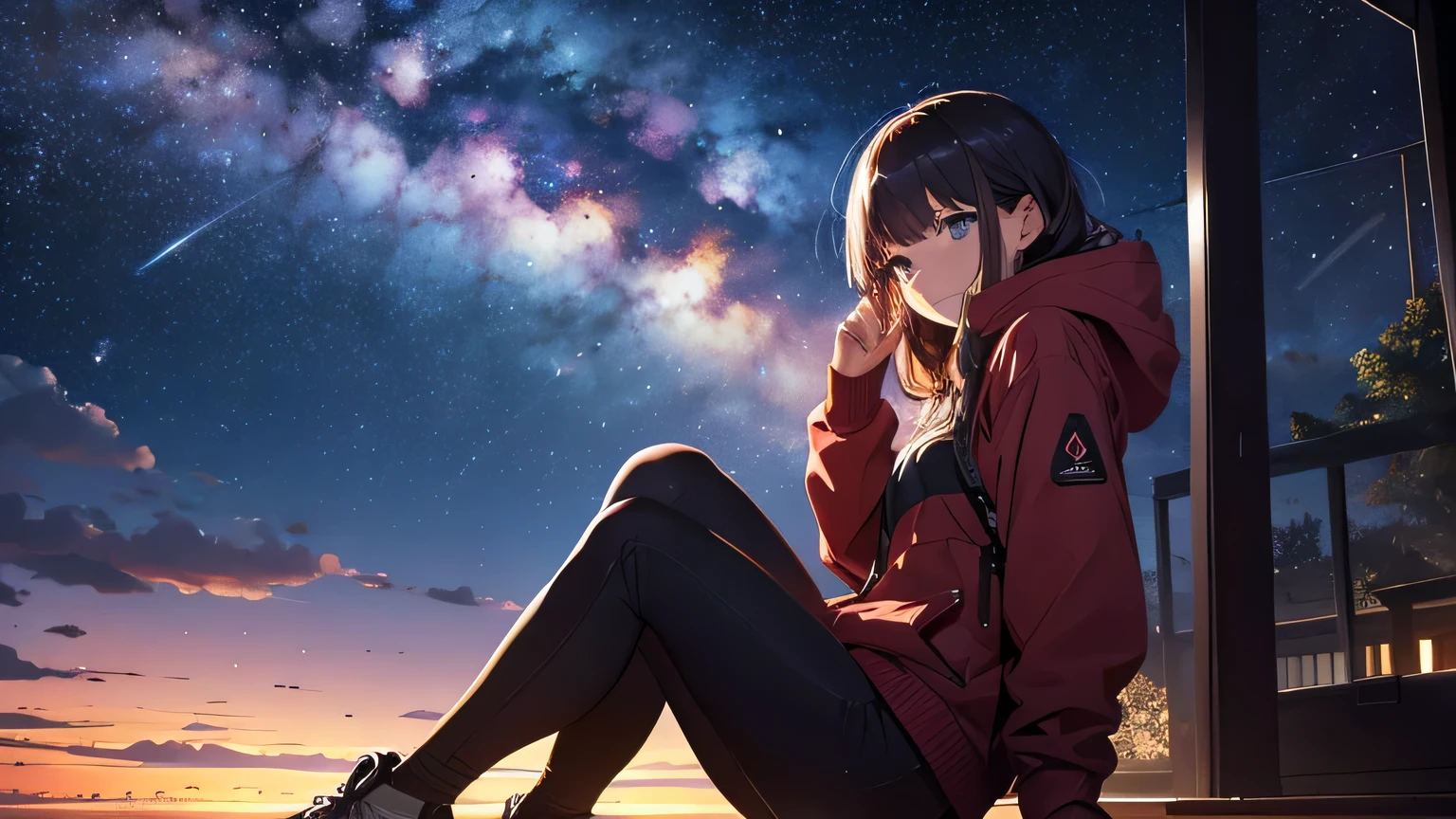 A beautiful girl sits and watches the magnificent Milky Way Galaxy