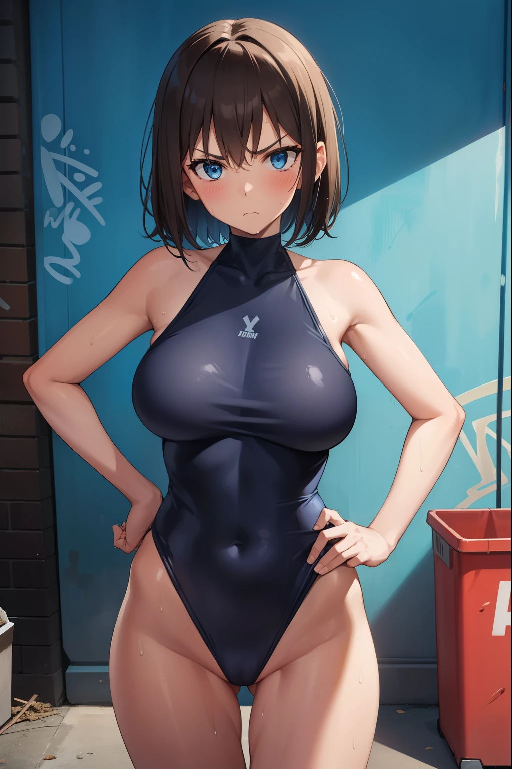 1 girl,Blue leotard,Super High Leg Cut,blue eyes,serious face,brown hair,bob hair,New York City,big breasts,blush,Sweat,barefoot,bare hands,thin,walk,embarrassing,Alley,Graffiti on the wall,Litter scattered,dark,Garbage can,cardboard,cowboy shot,dark,Are standing,put your hands on your hips