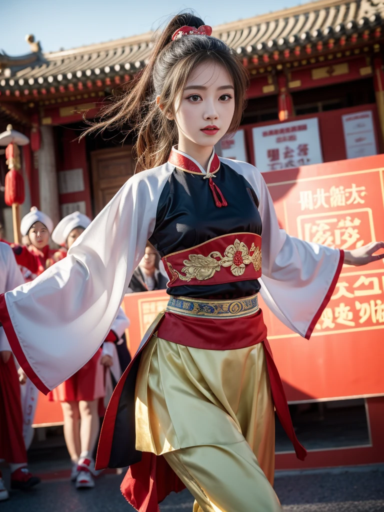 8K, best quality, Ultra-detailed, Chinese girl, traditional folk dance costumes, festival, cultural heritage, Neighborhoods.Enthusiastic
