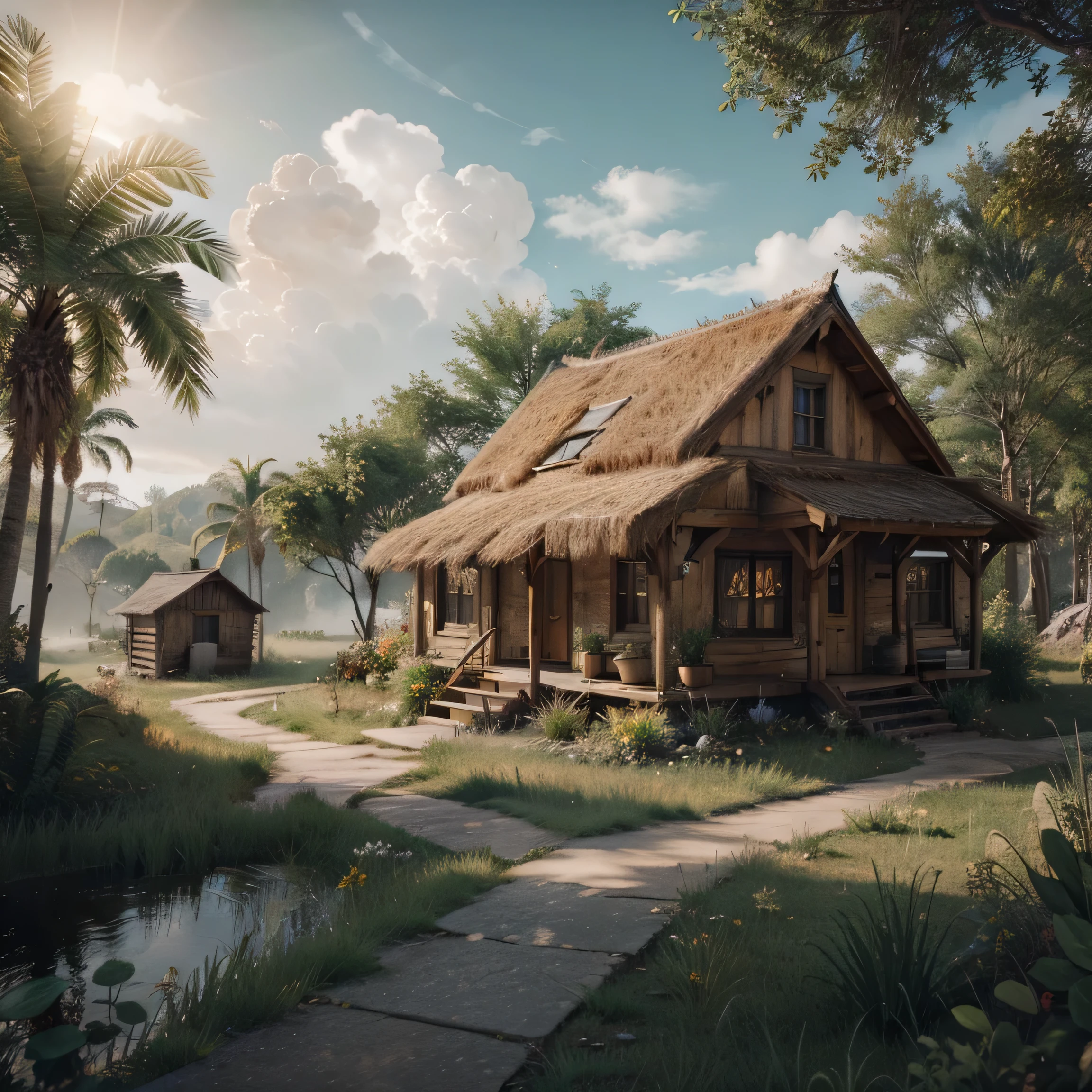 arafed hut in the middle of a lush green forest, realistic fantasy render, summer unreal engine 5, highly detailed scene, gorgeous 3d render, stylized 3d render, unreal engine fantasy art, unreal engine 4k wallpaper, realistic unreal engine 3 d game, realistic 3 d style, villages , unreal engine, beautiful 3d render