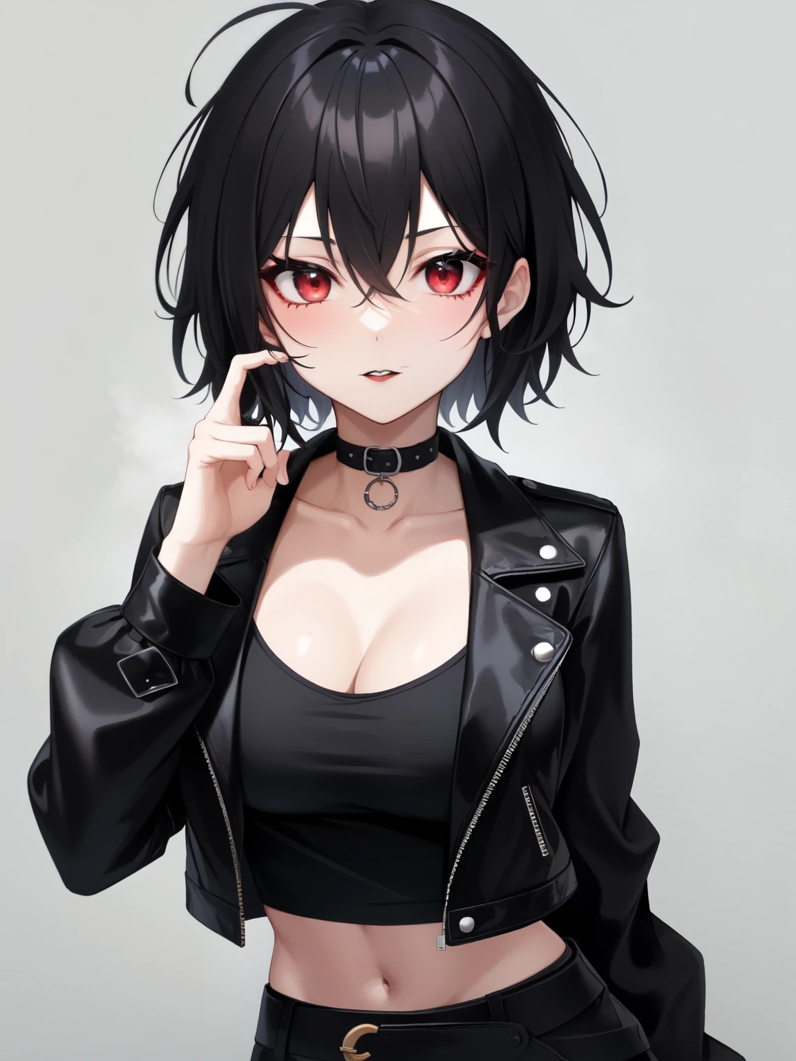 1girl, solo, mature female, (pale skin:0.9), red eyes, black hair, (wavy hair:0.1), messy hair, short hair, hair between eyes, mullet, wolfcut, pixie cut, goth, emo, punk, gothic, black lips, breasts, black biker jacket, black shirts, black skirt, choker, makeup, anime minimalist 