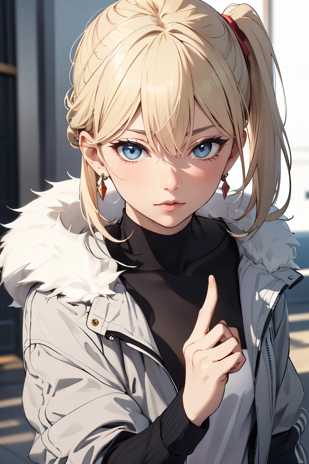 (Portrait:1.4), (masutepiece:1.2, Best Quality:1.2), bottom-up, Full body, 1 girl with sand blonde ponytail hair, Solo, Looking down, Face Focus, Extreme facial details, Cool eyes, extremely detailed eye, goodlooking, makeup, Fingers on lips, grey Eyes, Thin, slim, white fur coat, Black tights, earrings, (Marco) Cafe)