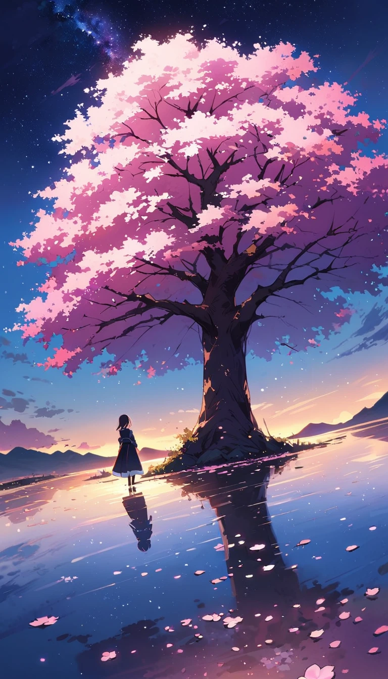 （（best quality））， （（master piece））， （（ultra wide angle）），night,Women、，standing on the salt lake，The water surface is like a mirror，Reflecting the sky。look at the sky，The Milky Way is in the sky,cherry blossoms,cherry blossoms並木,ピンクのcherry blossoms