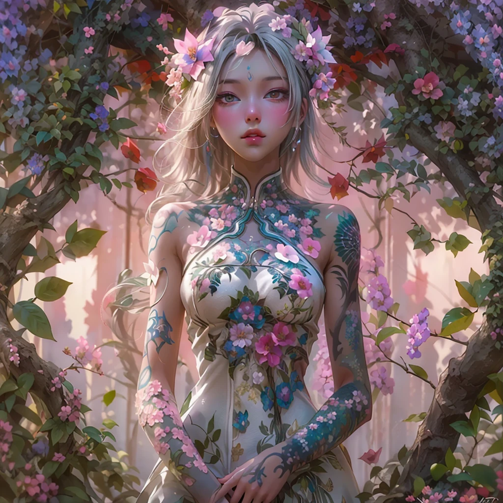 A {white |black |red |blue| pink) machine (Open legs, pubic hair view, 1 sexy girl in transparent forest clothes, Flowers, leaves, Mandala, fractal, Full female body, Mandala and flower tattoos, seductive pose, well detailed art, beautiful breasts, bare chest, open trans..close-up of a woman in a white dress with a flower on her head, anime character; full body art):: pink sunset and city in the background :: 1980 :: Luxurious style :: Hyper Detailed : ultra realistic :: cinematic :: neon lighting :: unreal engine :: RTX --ar 2:3, (VAZ2113),