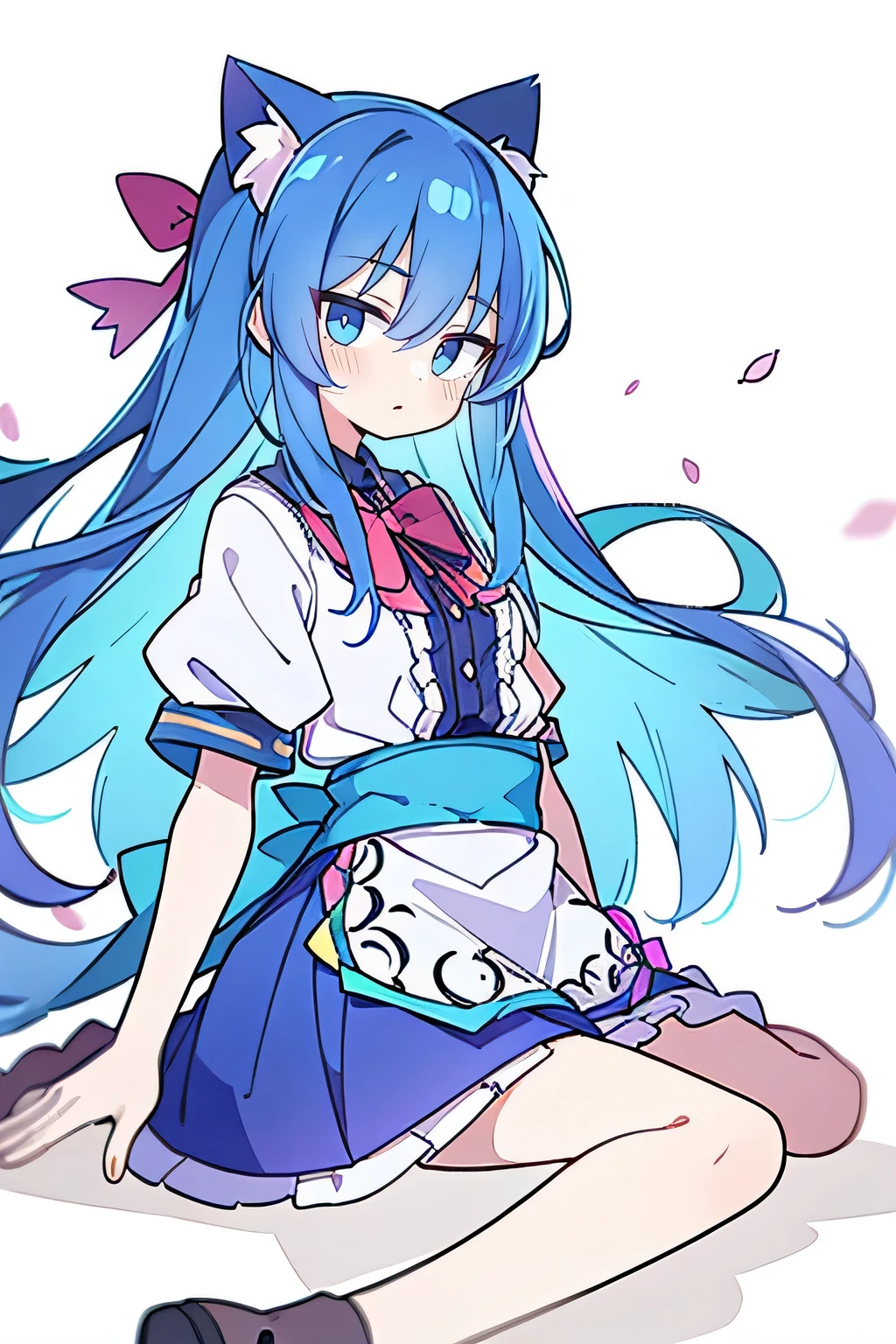 (masterpiece),best quality, expressive eyes, perfect face, 1girl,
Put your hands on your waist,fair, Gorgeous,Japanese cartoons,girl,lola,Hina Angel, blue hair, blue haired, floating clothes,Grab your waist, Grab your waist, hands on hips , hands on hips,sit, sit on ground, Legs on the ground, flat chest,cat ears,Petals fall,gentle face,