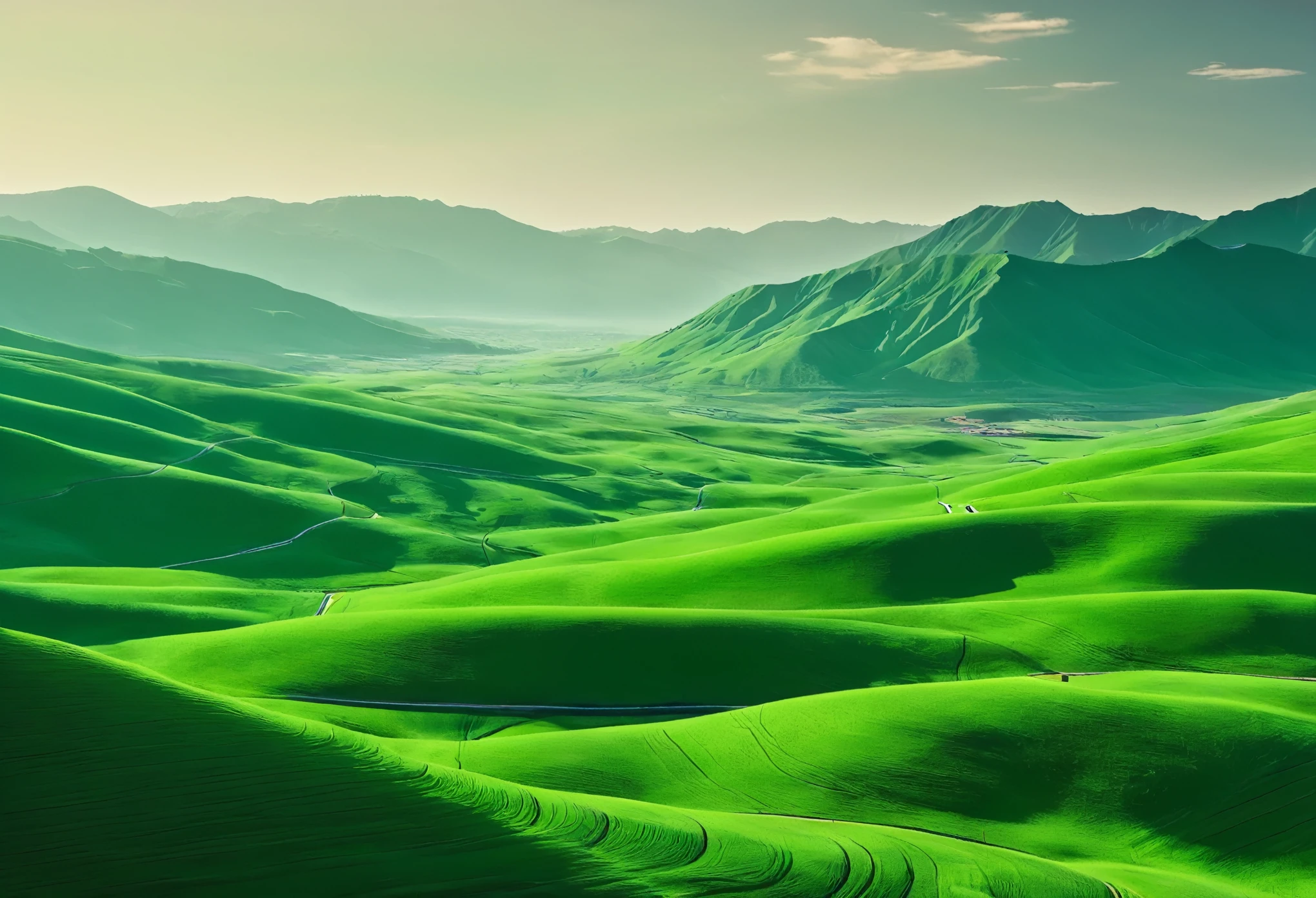 Artistic minimal green valley vista captured with a blend of documentary, editorial, and magazine photography techniques --ar 3:4 --stylize 250