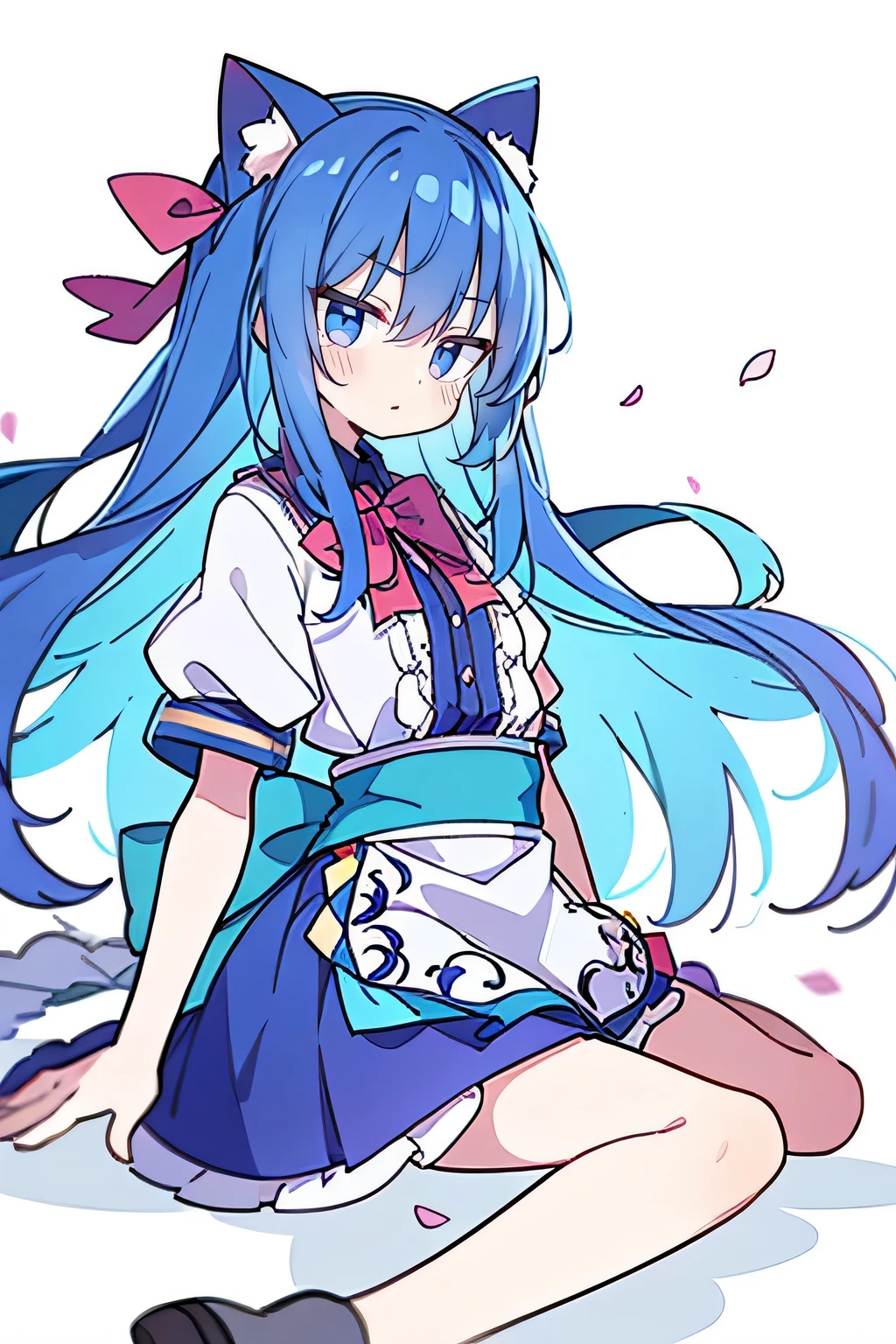 (masterpiece),best quality, expressive eyes, perfect face, 1girl,
Put your hands on your waist,fair, Gorgeous,Japanese cartoons,girl,lola,Hina Angel, blue hair, blue haired, floating clothes,Grab your waist, Grab your waist, hands on hips , hands on hips,sit, sit on ground, Legs on the ground, flat chest,cat ears,Petals fall,gentle face,