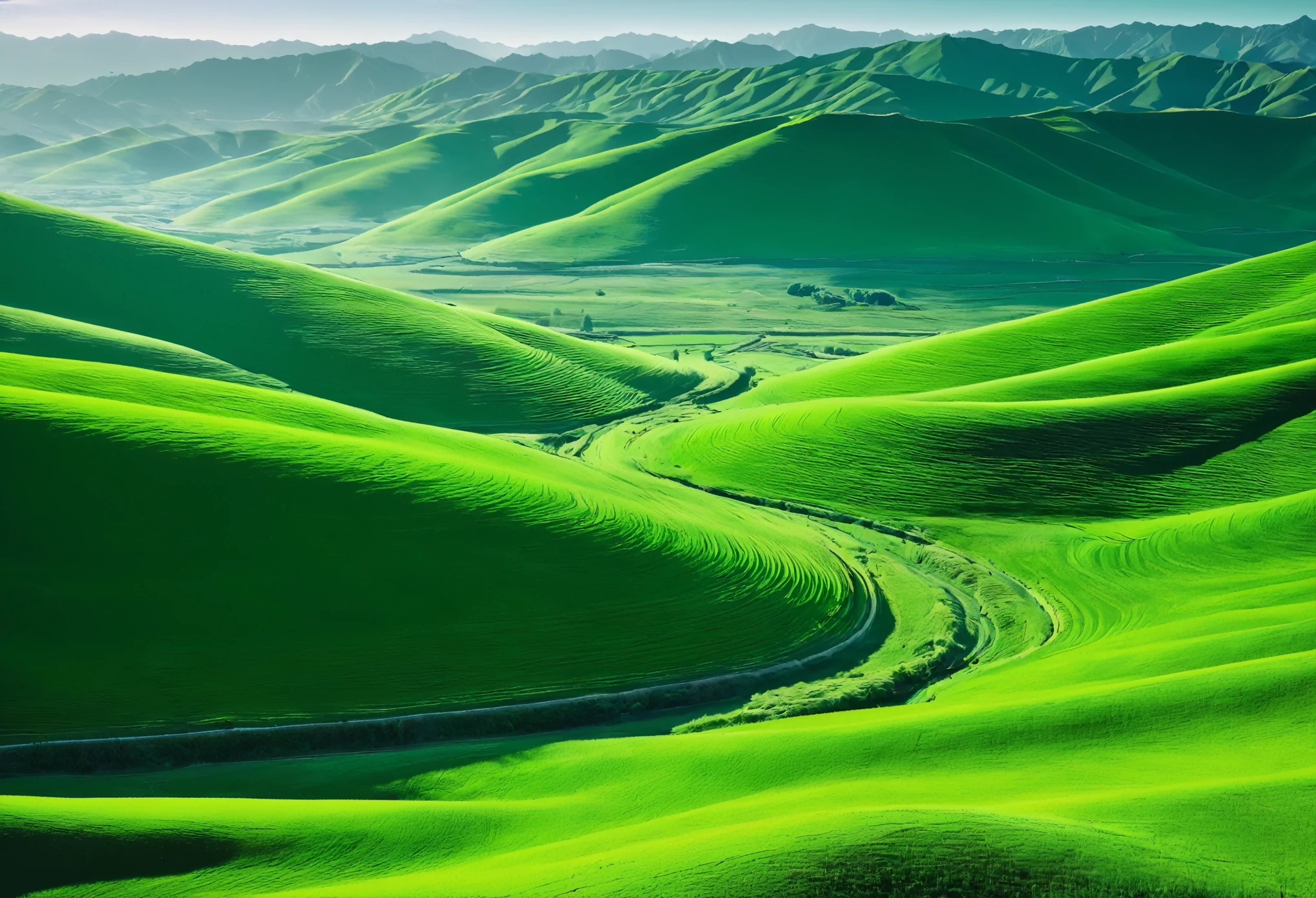 Artistic minimal green valley vista captured with a blend of documentary, editorial, and magazine photography techniques --ar 3:4 --stylize 250