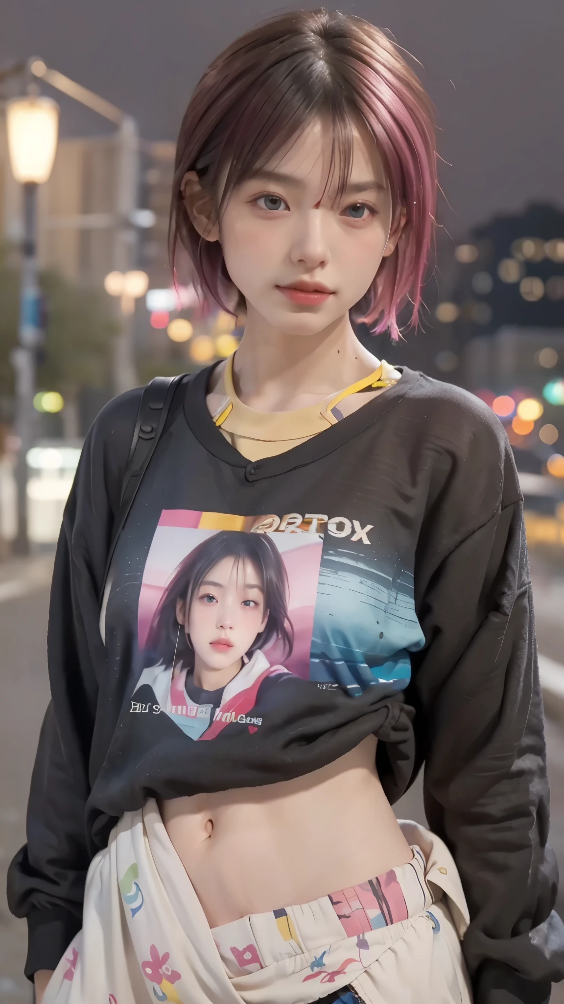RAW shooting,12K, 最high quality, masterpiece, 超High resolution, (realistic:1.4), Raw photo, 1 girl,, short hair, (masterpiece, 最high quality, high quality, High resolution, Super detailed),pink hair, (Night lights:1.4), Cyberpunk attire、Layer Color、Clothes with many zippers、baggy clothes、White, pink, blue and yellow colored clothes、looking at the viewer、near future