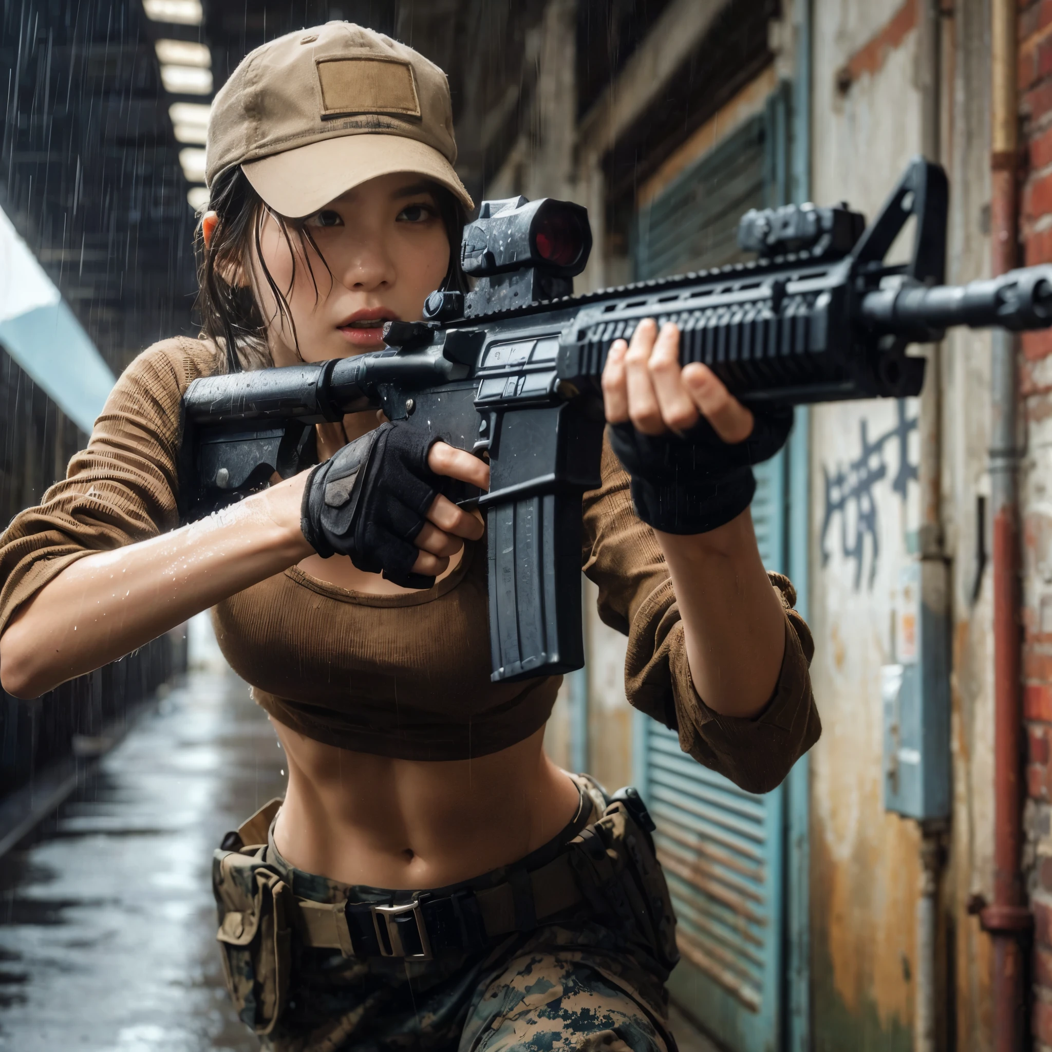 A Woman In A Military Uniform Holding A Rifle In A Alley SeaArt AI
