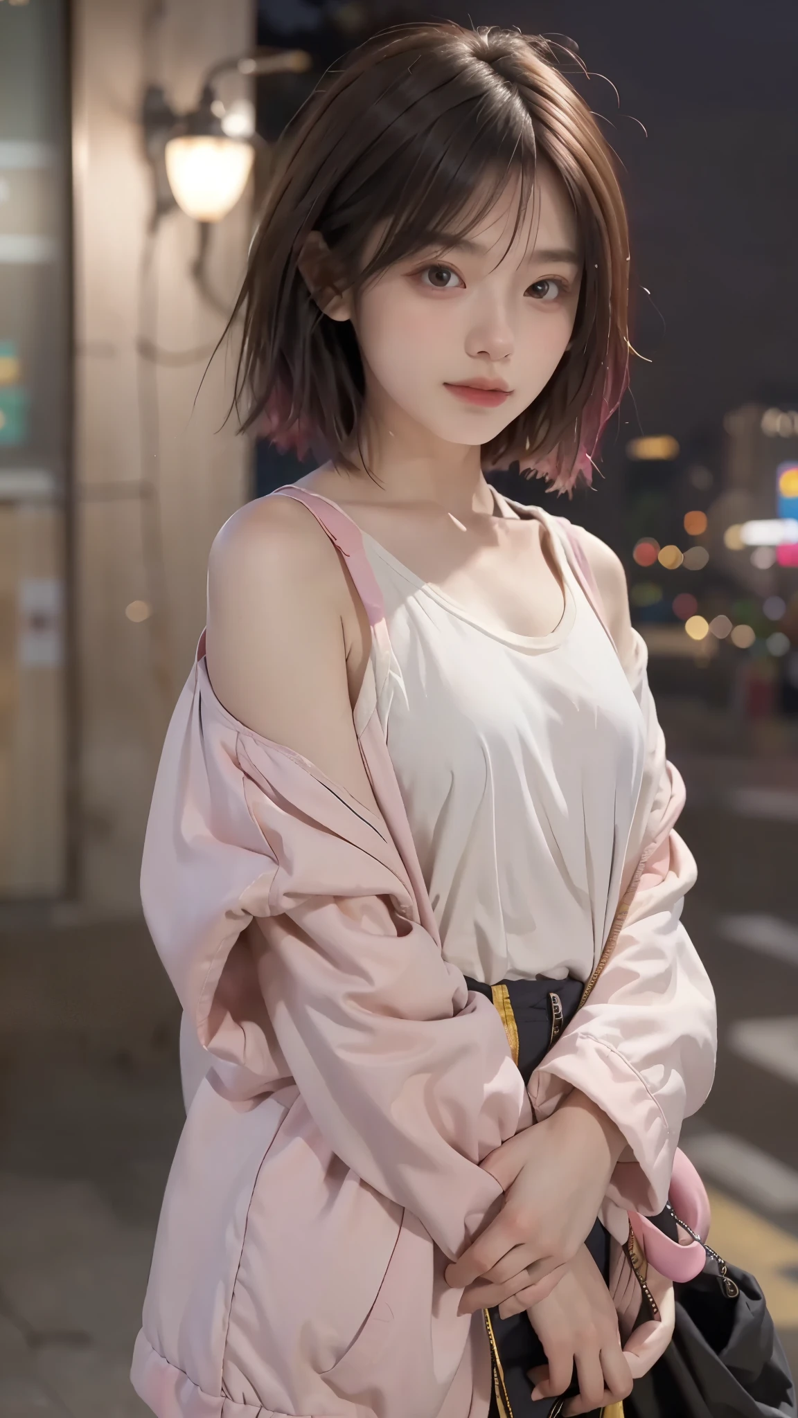 RAW shooting,12K, 最high quality, masterpiece, 超High resolution, (realistic:1.4), Raw photo, 1 girl,, short hair, (masterpiece, 最high quality, high quality, High resolution, Super detailed),pink hair, (Night lights:1.4), Cyberpunk attire、Layer Color、Clothes with many zippers、baggy clothes、White, pink, blue and yellow colored clothes、looking at the viewer、near future