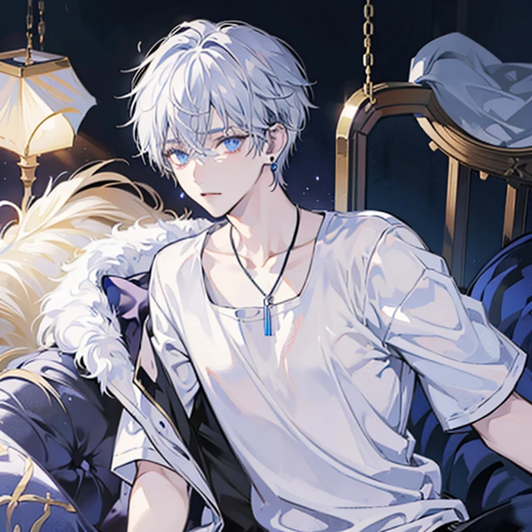 Fait une jeune homme d’anime au cheveux blanc, yeux bleu, teeshirt blanc, short noir, with a necklace and a pair of earrings, il est emo, and he has tired eyes,