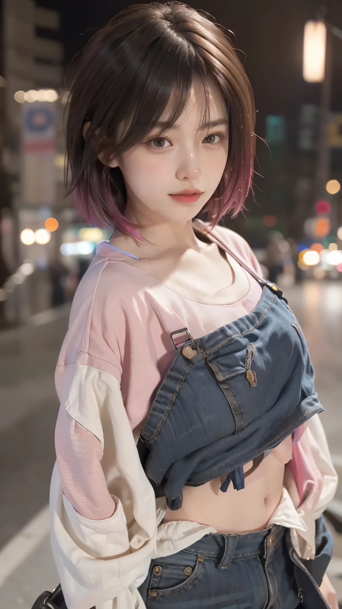 RAW shooting,12K, 最high quality, masterpiece, 超High resolution, (realistic:1.4), Raw photo, 1 girl,, short hair, (masterpiece, 最high quality, high quality, High resolution, Super detailed),pink hair, (Night lights:1.4), Cyberpunk attire、Layer Color、Clothes with many zippers、baggy clothes、White, pink, blue and yellow colored clothes、looking at the viewer、near future