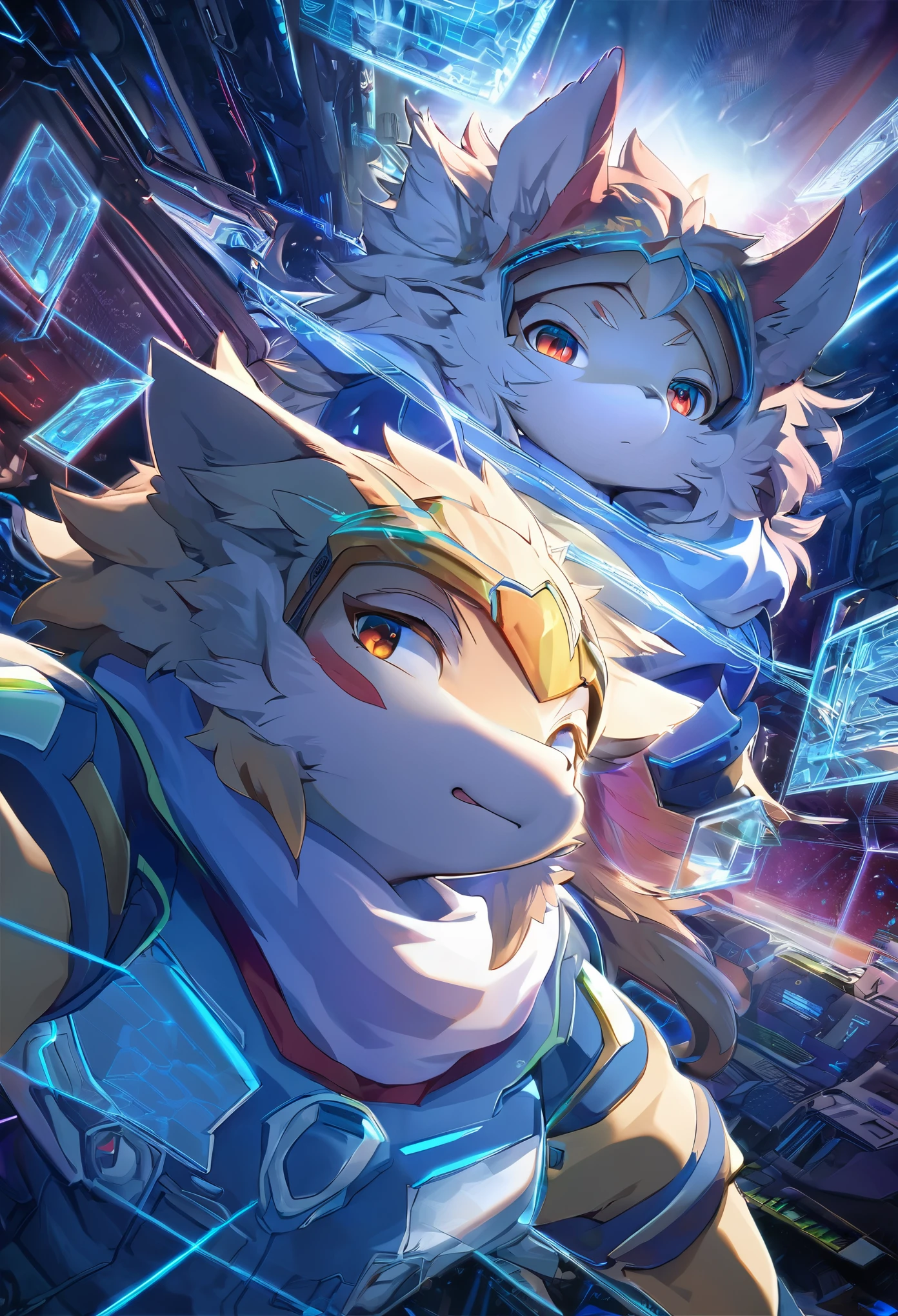 top quality, best quality, High-quality illustrations, masterpiece, super high resolution, detailed background, glow line hologram, cyber space, Time patrol, absurdres(highly detailed beautiful face and eyes)perfect anatomy, expression, caustics, dynamic lighting, cinematic shadow(kemono, furry anthro)assorted poses, dynamic angle,