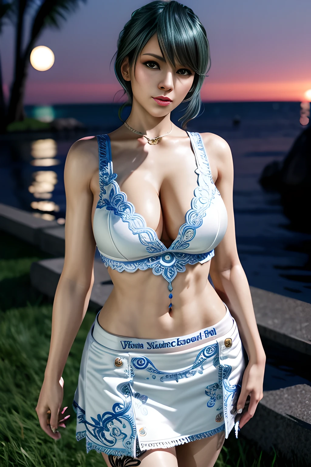 1 girl,standing posture, (Embroidered Trim Wedding Dress), nighttime,moon,( huge breasts:1.1),cleavage,shiny skin,lip gloss,( tattoos:1.2), masterpiece, best quality, realistic ,Surrealism,Rich artistic colors, 8K,3D,Portrait art,solo, tamaki