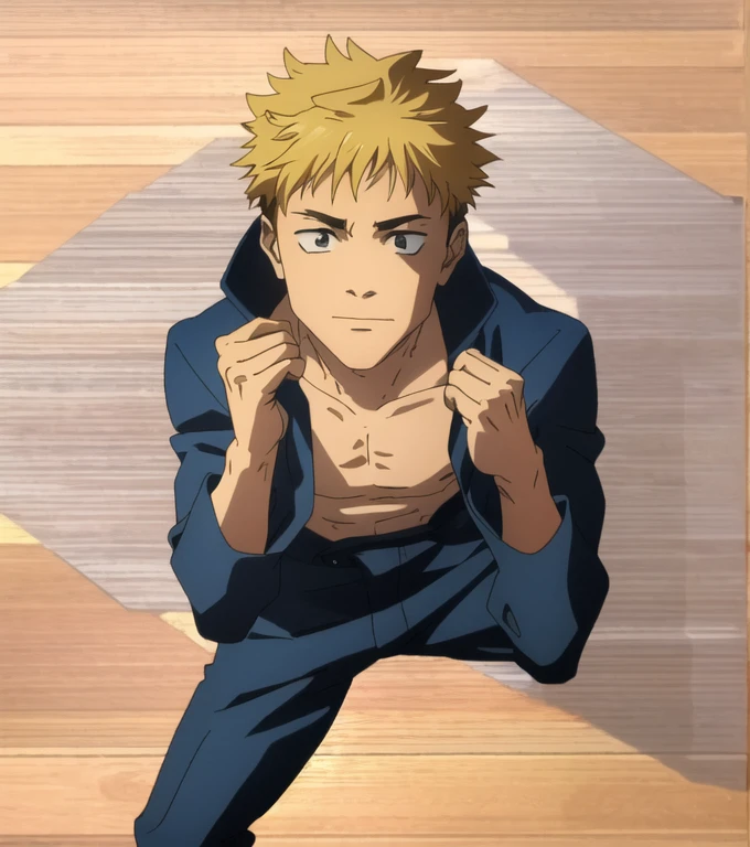 (Illustration, high resolution, best quality: 1.5, masterpiece, minimalist, simplistic detail, anime), solo: 2, fit male, adult male, upper body, half body portrait, shirtless: 2, boxer, boxing gloves, vox machina style, itadori yuji, blond: 1.5, shaded face, dark shade face,