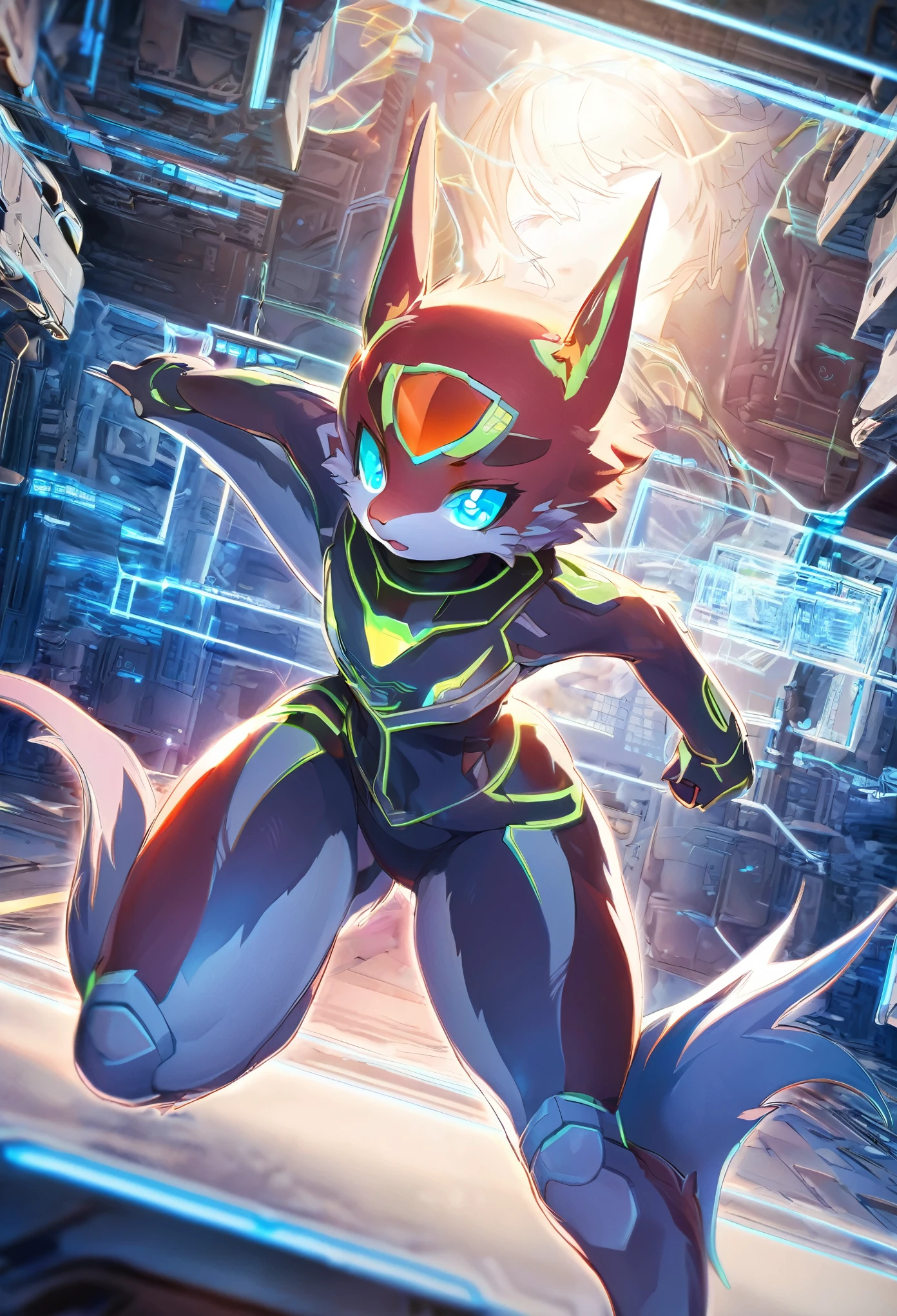top quality, best quality, High-quality illustrations, masterpiece, super high resolution, detailed background, glow line hologram, cyber space, Time patrol, absurdres(highly detailed beautiful face and eyes)perfect anatomy, expression, caustics, dynamic lighting, cinematic shadow(kemono, furry anthro)assorted poses, dynamic angle,