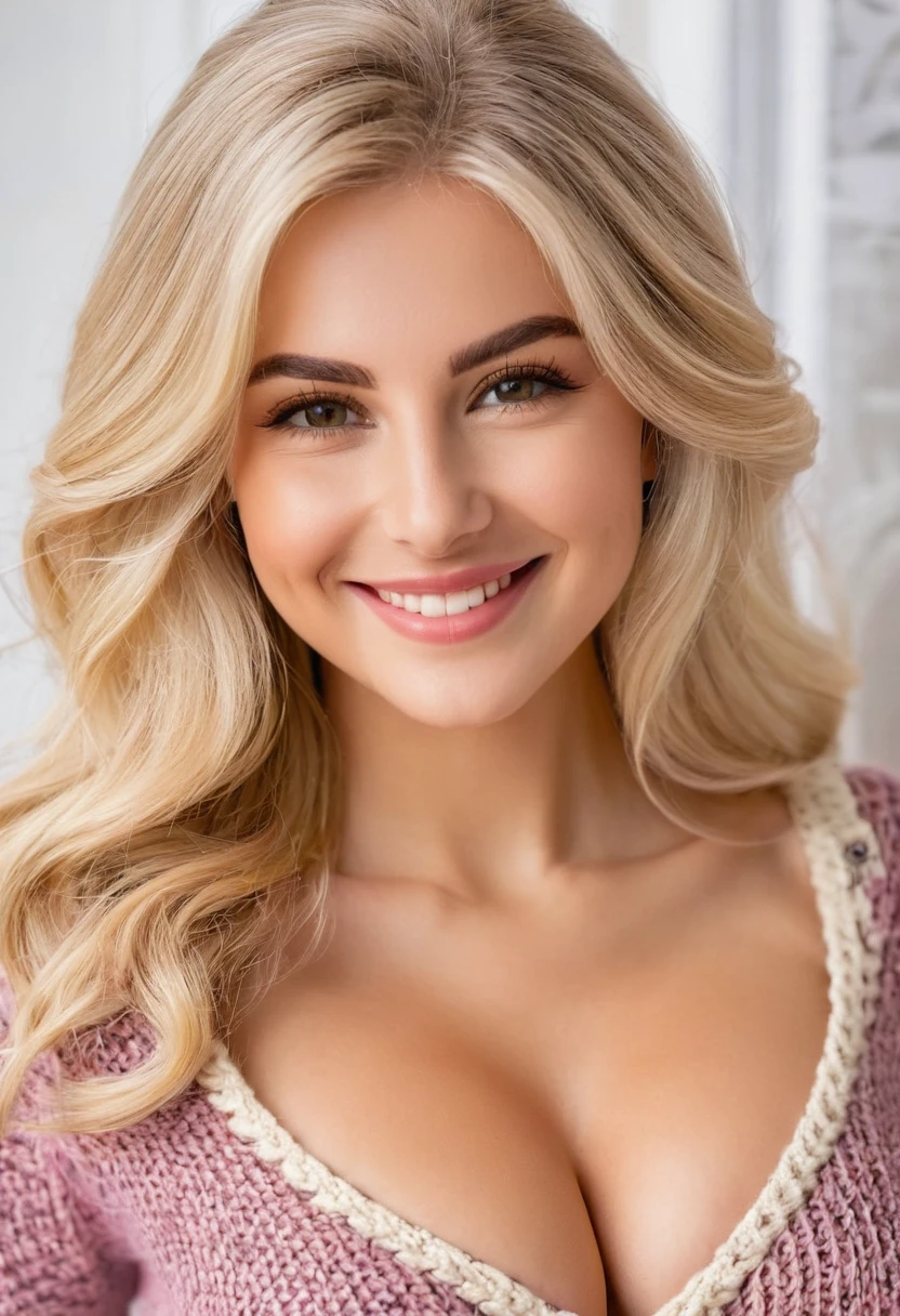 A beautiful half-Italian beauty with long light blonde hair, a cute smile, and a small face with well-defined features. She wears a knitted outfit with a low neckline and a G-cup bust.