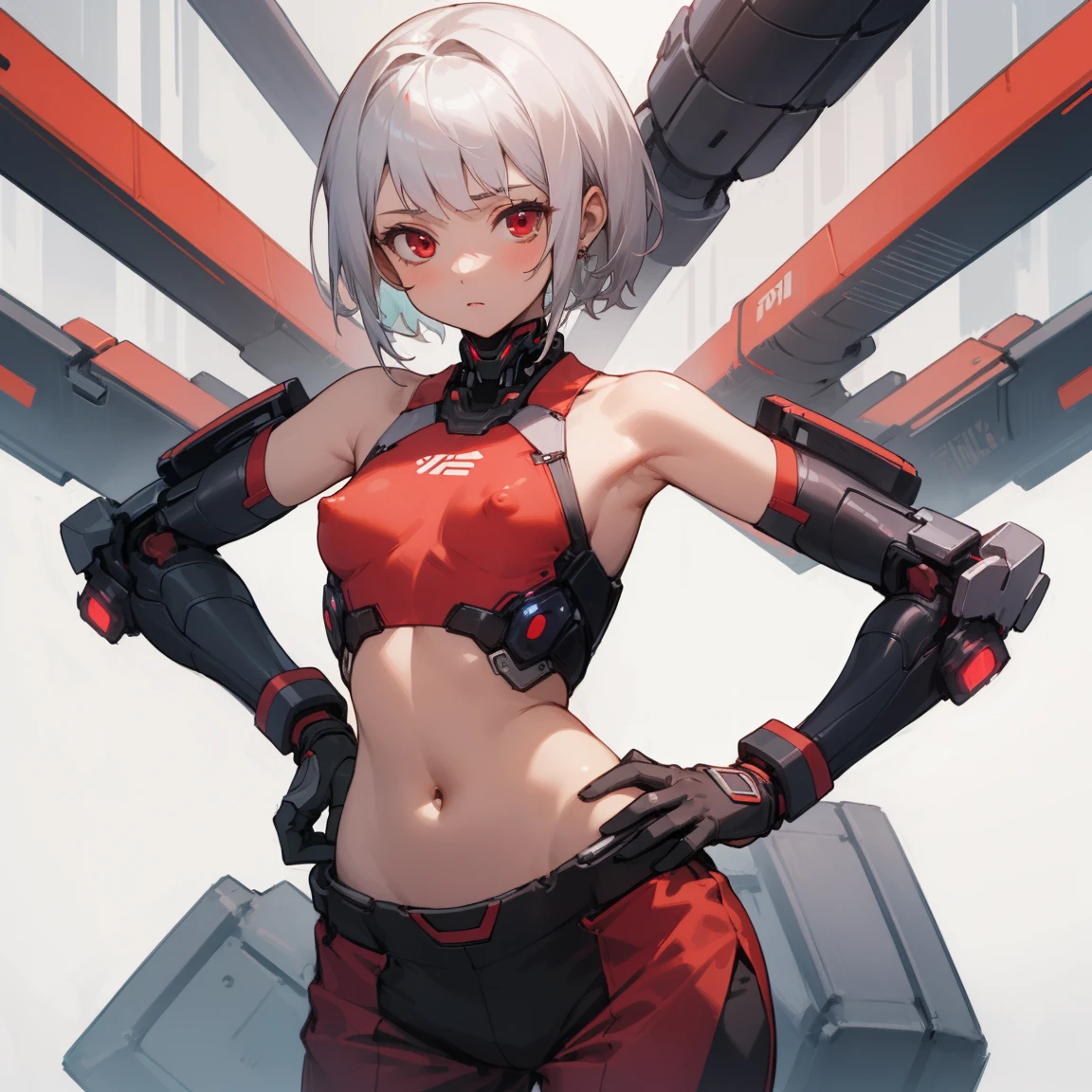 ((highest quality)), ((masterpiece)), (become familiar with), 1 girl, alone, silver hair,brown skin,red eyes,long pants,red sleeveless,Clothes with a visible back, thin,thin,short hair,small breasts, erect nipples, gloves, put your hands on your hips,cyber punk,SF