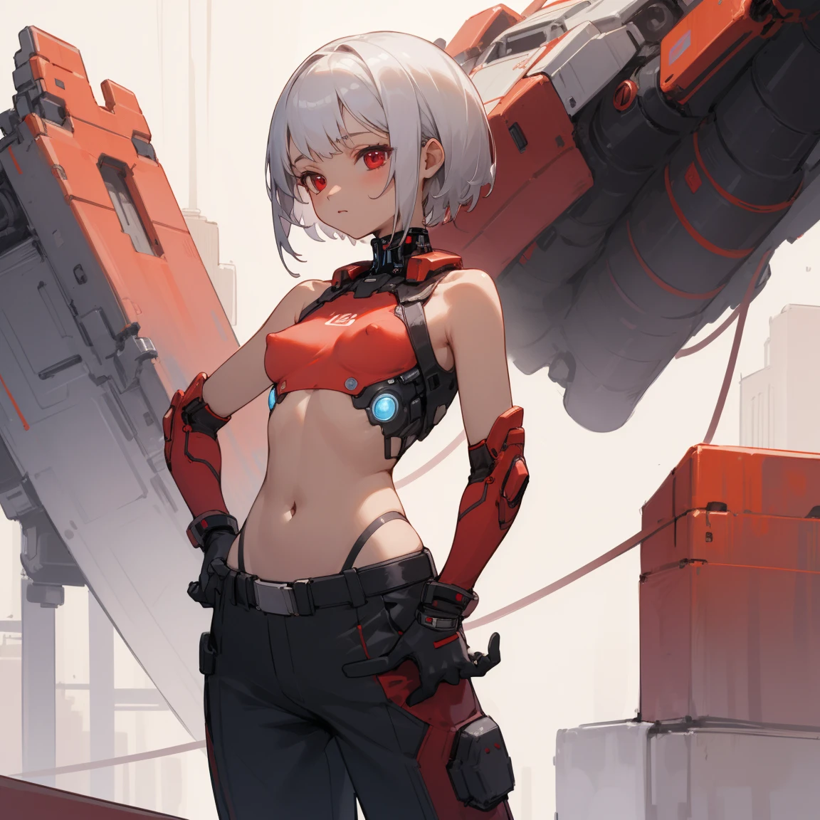 ((Highest quality)), ((masterpiece)), (Become familiar with),{{{{nsfw}}}},  1 girl, alone, Silver Hair,Brown Skin,Red eyes,Long trousers,Red sleeveless shirt,Clothes with a visible back, thin,thin,short hair,Small breasts, Erect nipples, gloves, cyber punk,sf