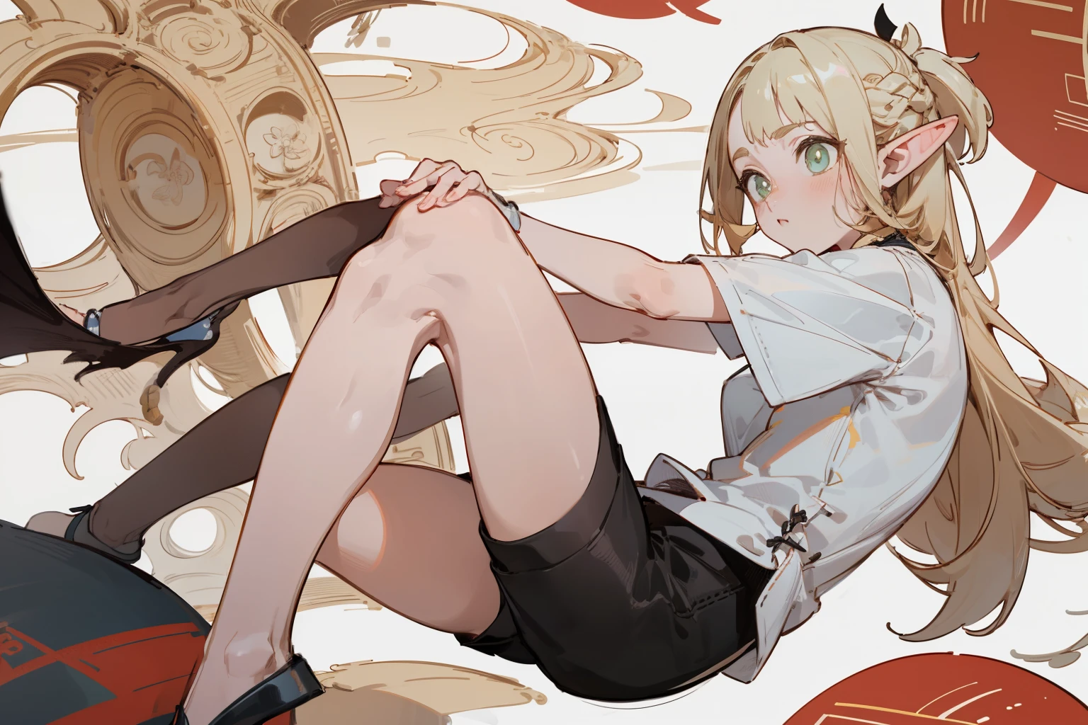 (masterpiece, best quality) detailed, Wearing black tights, silver accessories , Blonde ,elegant, Pointed ears ,Chinese element pattern,thigh,漏出thigh,White shirt,shorts,Succubus