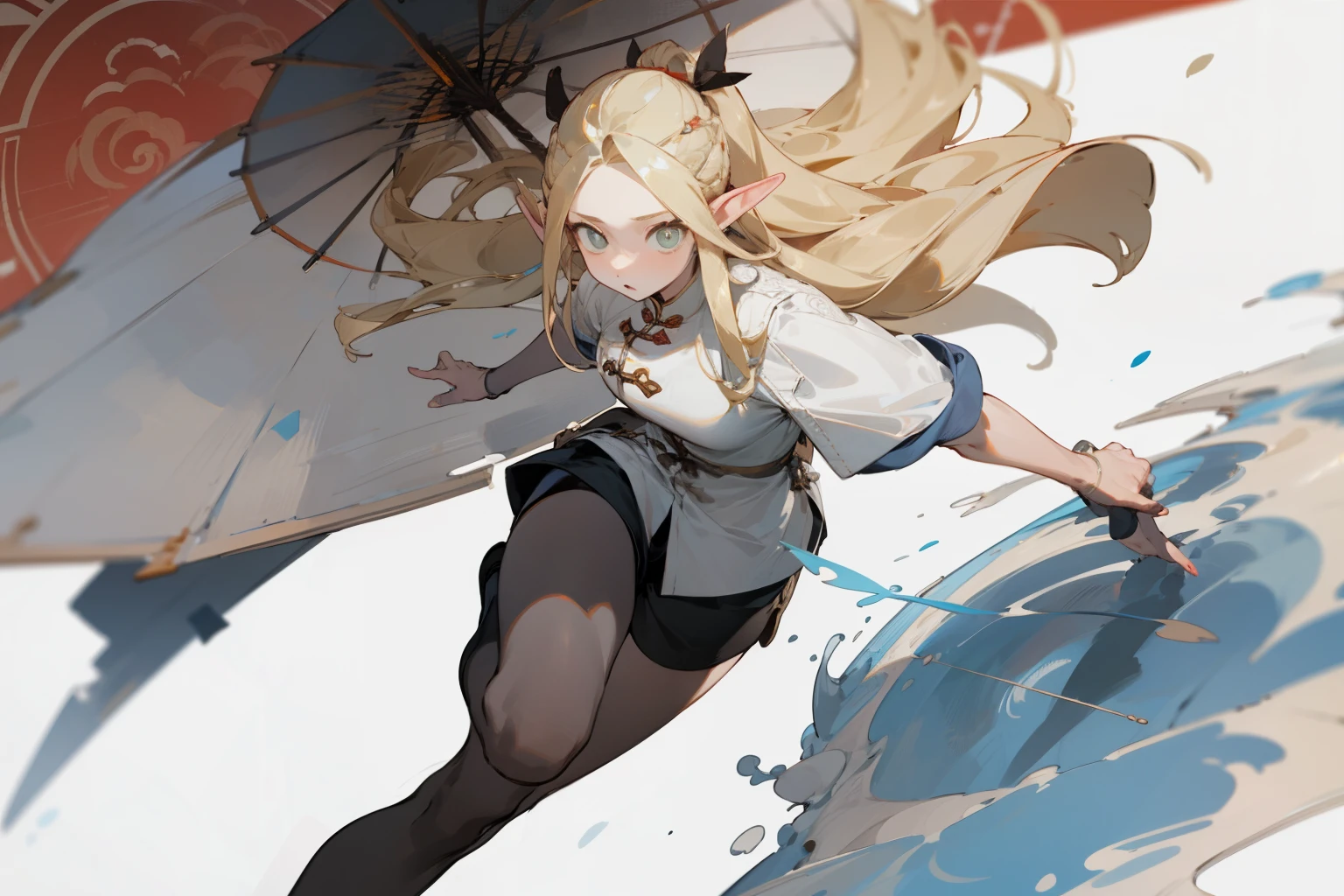 (masterpiece, best quality) detailed, Wearing black tights, silver accessories , Blonde ,elegant, Pointed ears ,Chinese element pattern,thigh,漏出thigh,White shirt,shorts