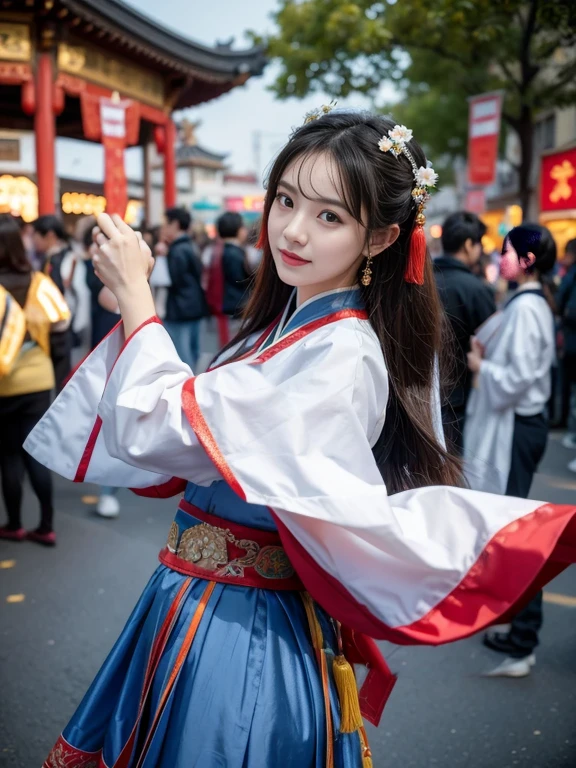 8K, best quality, Ultra-detailed, Chinese girl, traditional folk dance costumes, festival, cultural heritage, Neighborhoods.Enthusiastic