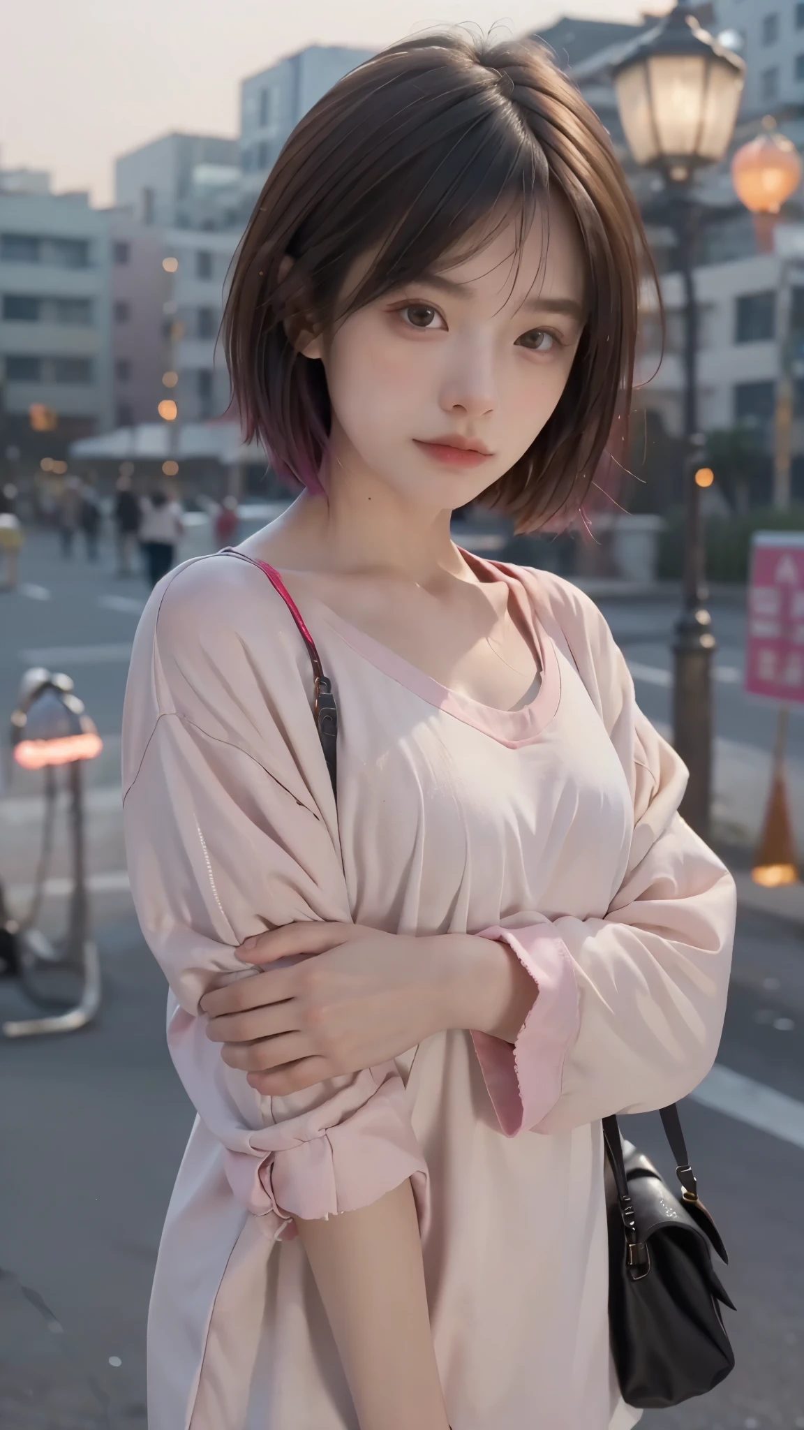 RAW shooting,12K, 最high quality, masterpiece, 超High resolution, (realistic:1.4), Raw photo, 1 girl,, short hair, (masterpiece, 最high quality, high quality, High resolution, Super detailed),pink hair, (Night lights:1.4), Cyberpunk attire、Layer Color、Clothes with many zippers、baggy clothes、White, pink, blue and yellow colored clothes、looking at the viewer、near future