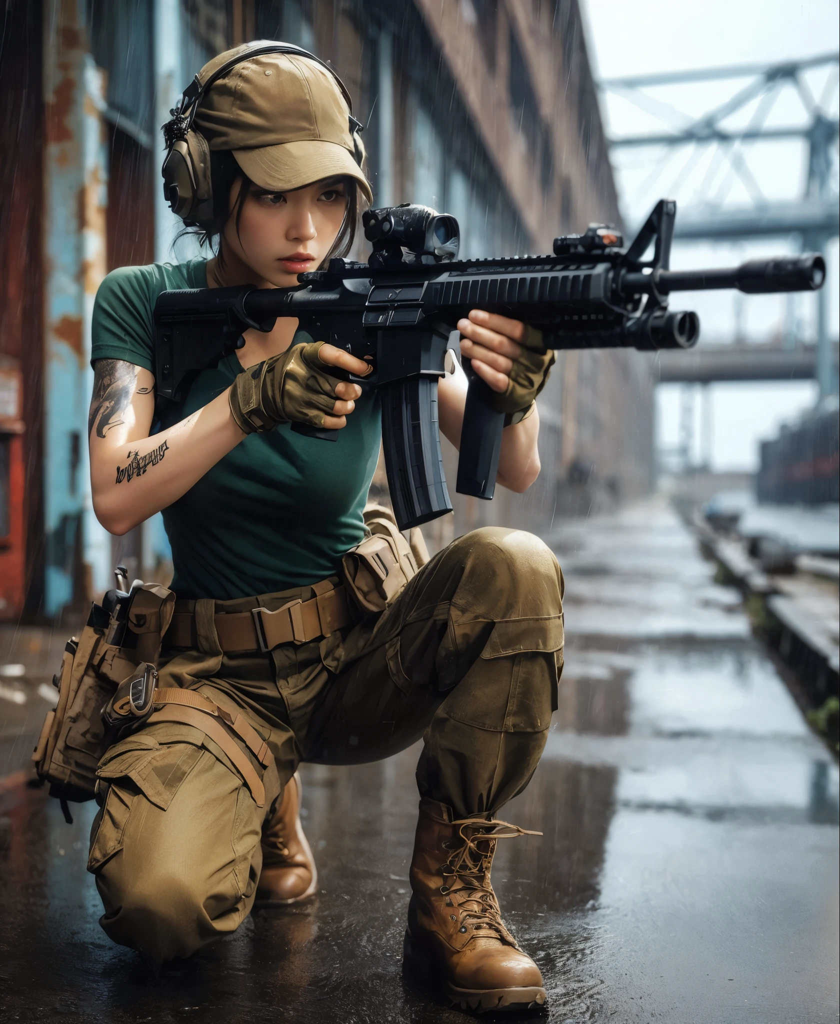 (best quality,8k,photorealistic:1.37),realistic skin texture, beautiful Japanese female marine, aiming with an assault rifle, old warehouse district by the harbor, green t-shirt, cap, braided hair, military pants, boots, dynamic pose, running along the warehouse wall, gunfight, daring assault, tattoos, getting wet in the rain, thunderstorm, toned body, muscles, anger, bold composition