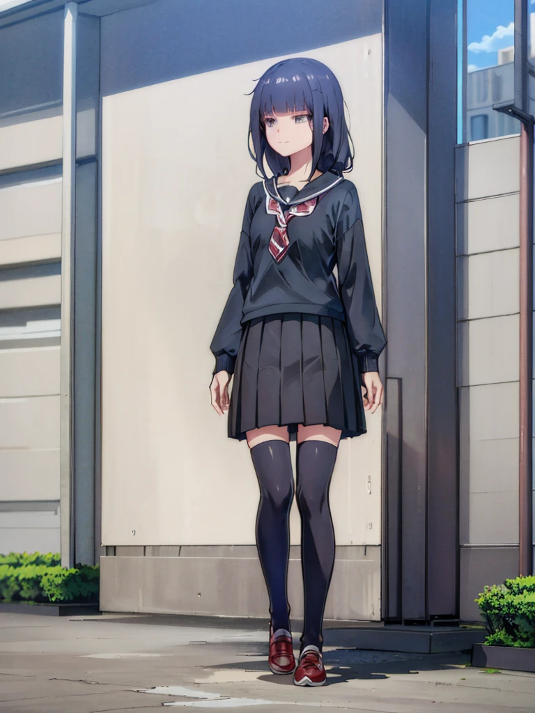 full body, 1 girl, black hair, shoulder length hair, black eyes, small breasts, in front of a school building, detailed background, highres, highly detailed face, Detailed eyes, good proportions, commanding pose, evil smile, shirt, pleated skirt, black thigh highs,